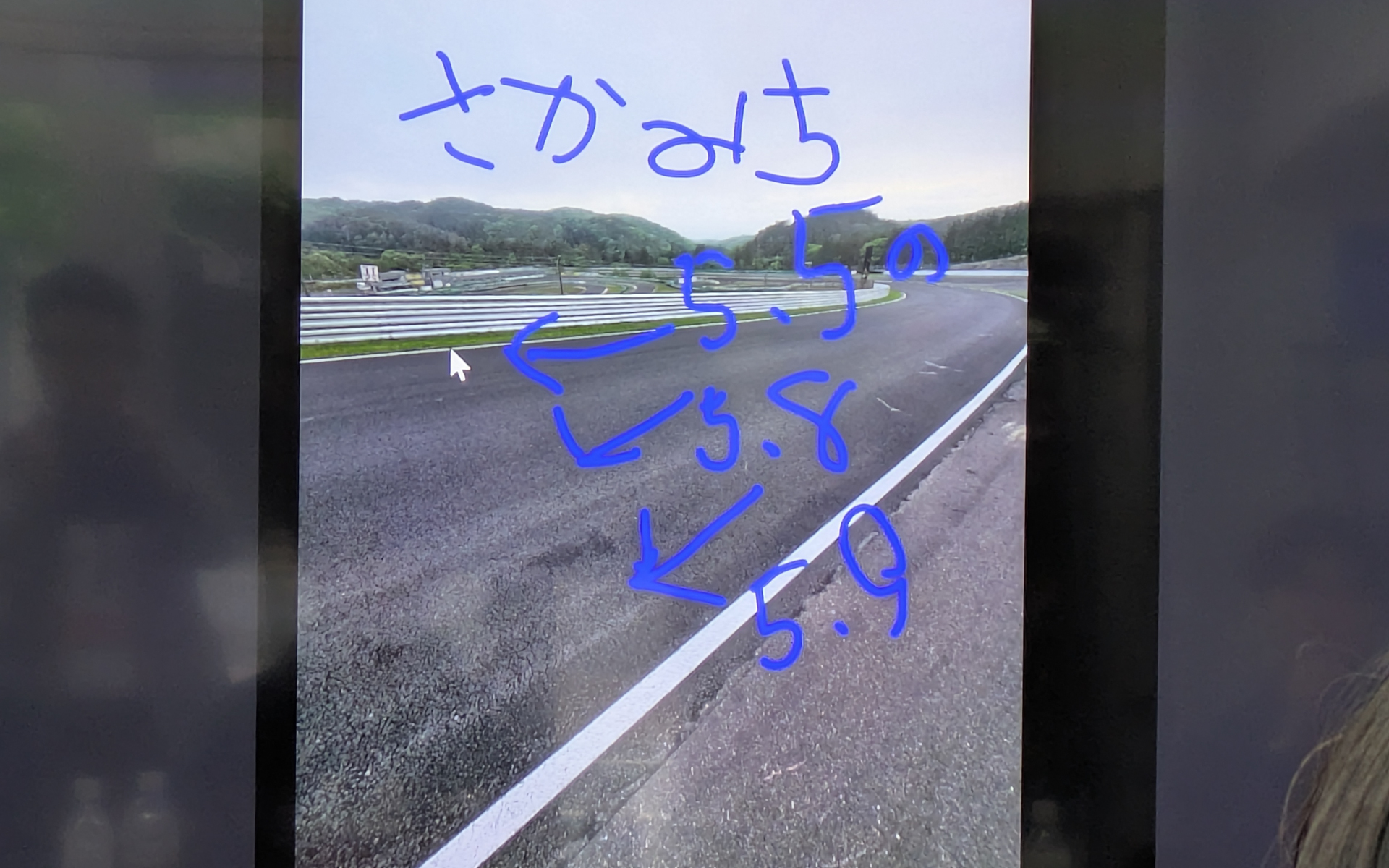 平面コース図では分かり難い勾配（アップダウン）についても細かく解説。また加藤氏は「コースを歩ける場合はできるだけ歩いて、実際のカント（角度）を計測したり、路面のザラザラや石の大きさ、縁石の高さや凸凹の大きさなどもじっくり観察することが大事」という