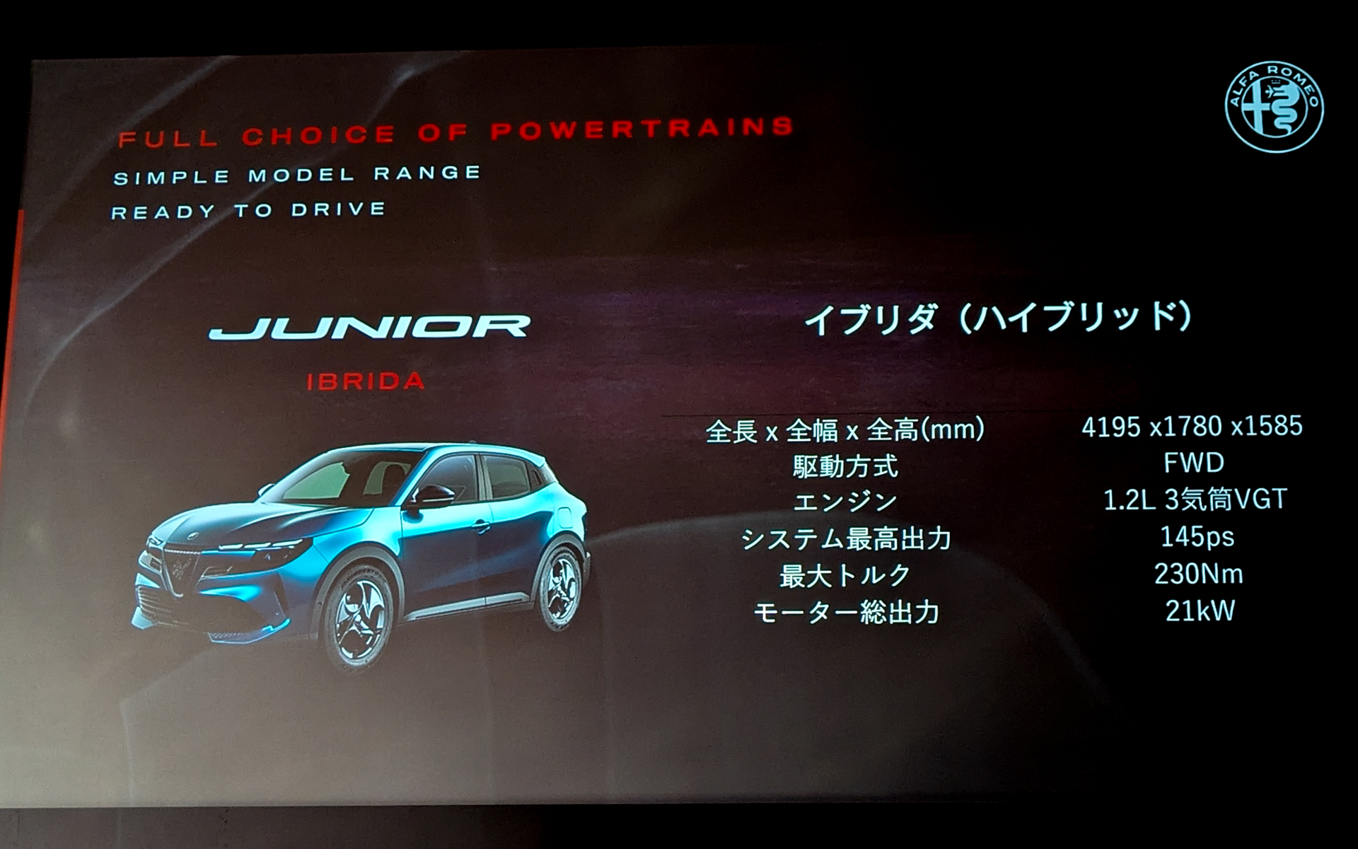 新型ジュニアは、ハイブリッドとBEVの2つのパワートレーンを用意。2024年の国産EVの販売は全体の2～3％とまだまだ低いが、輸入車に関しては全体の10％と年々割合が高くなっているという