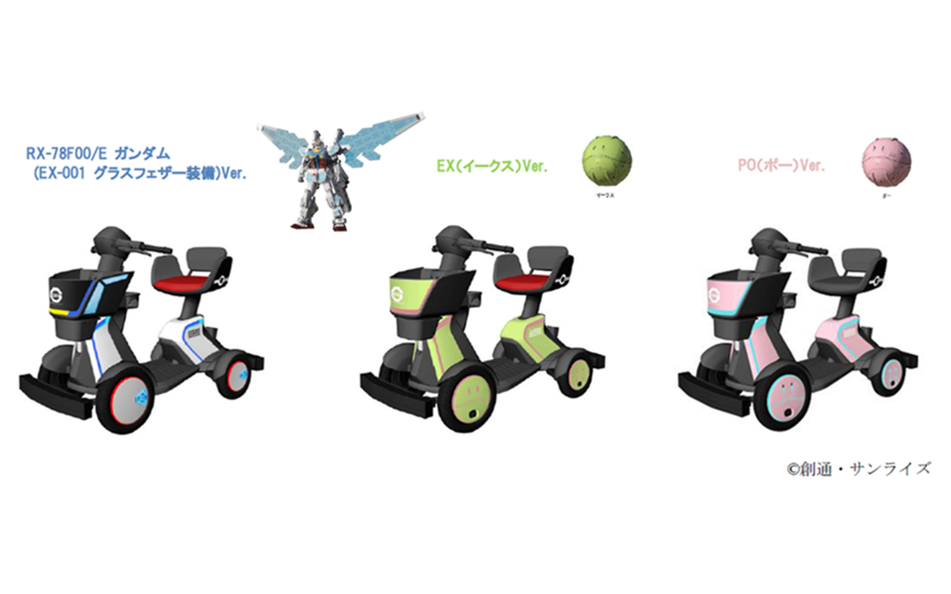 「RX-78F00/E ガンダム（EX-001 グラスフェザー装備）」、ハロの「イークス」「ポー」をイメージした「e-SNEAKER」