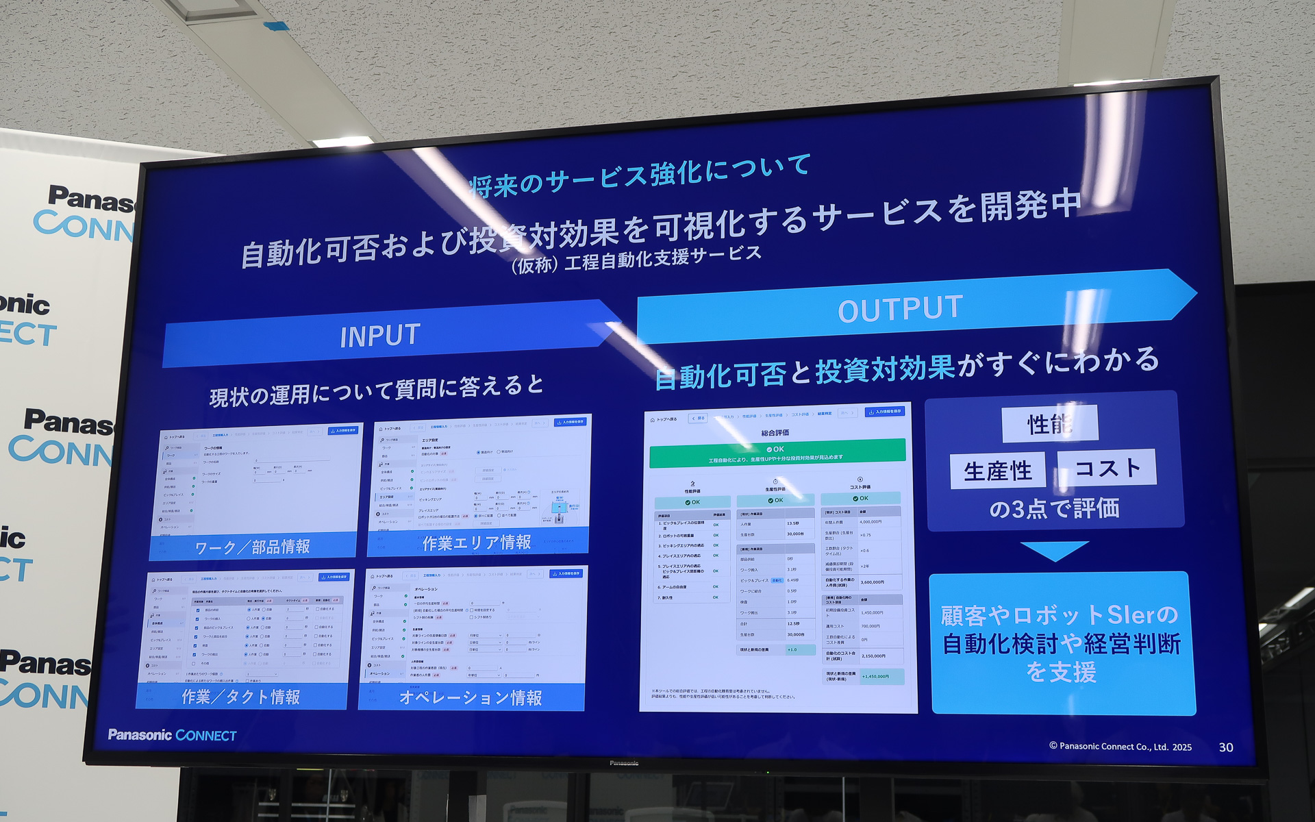 運用状況について回答して自動化の可否や投資対効果などを算出する「工程自動化支援サービス（仮称）」も開発中