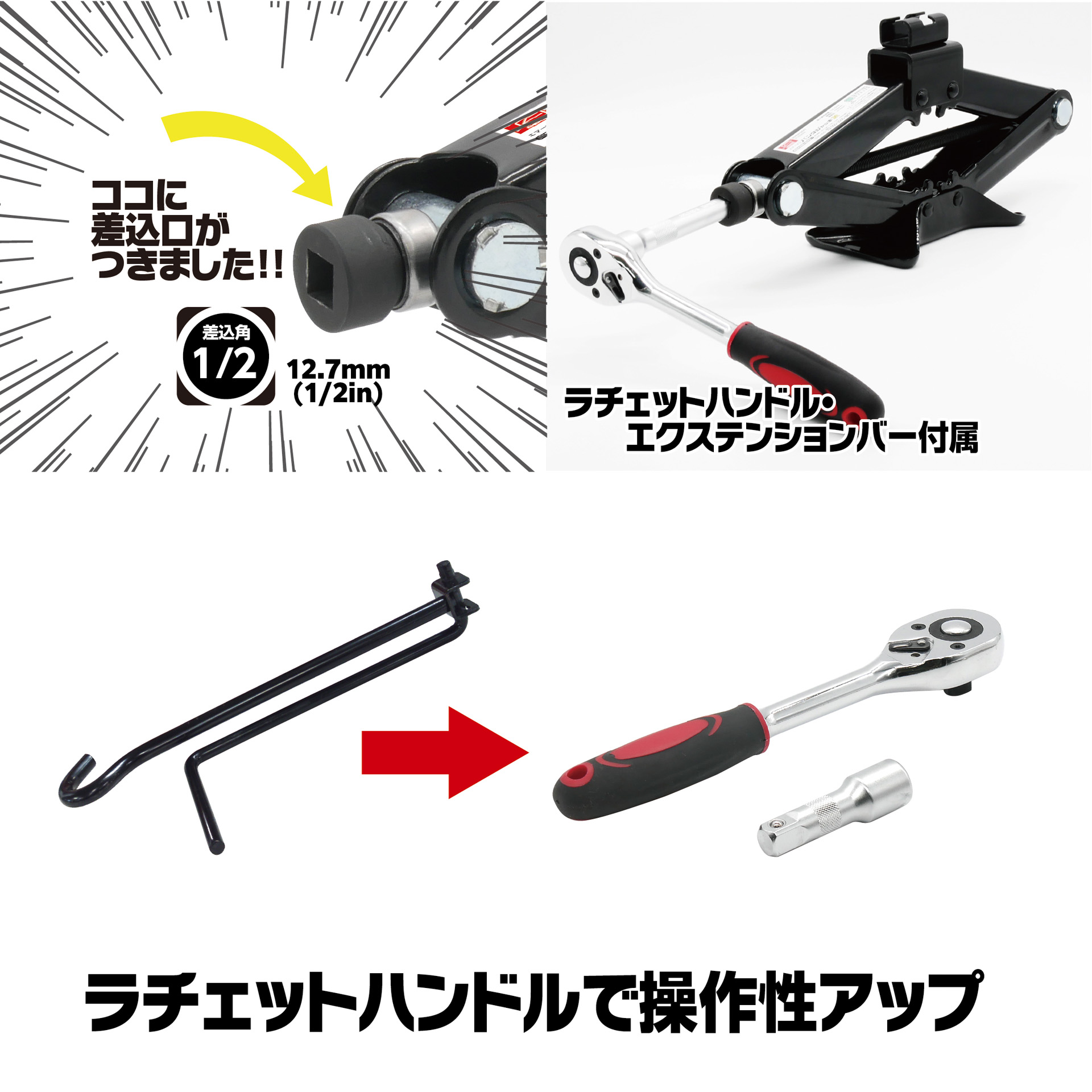 ラチェットハンドルや電動工具を使用してジャッキアップ可能