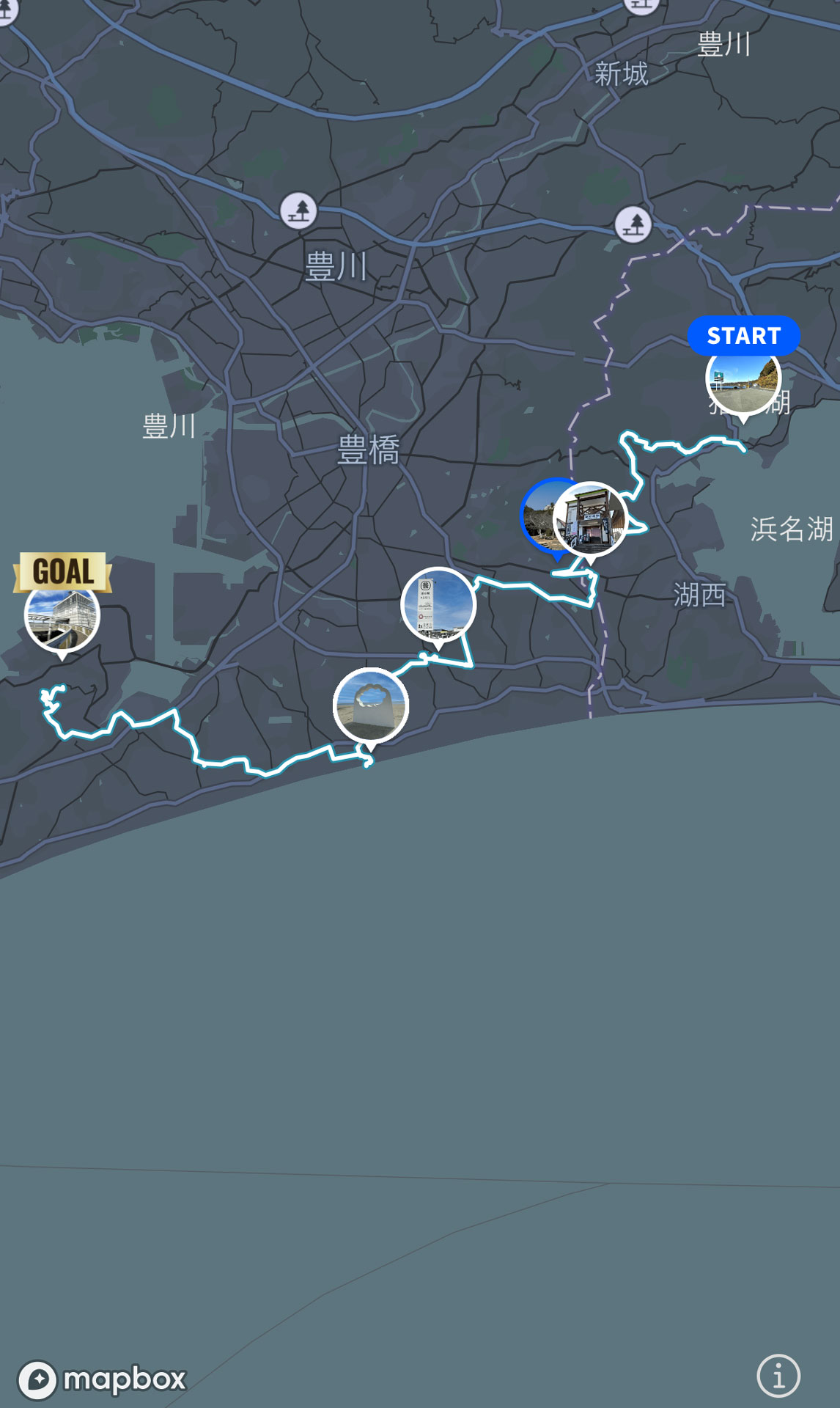 走ったコース。立ち寄り地は自分で加えたり減らしたりできる