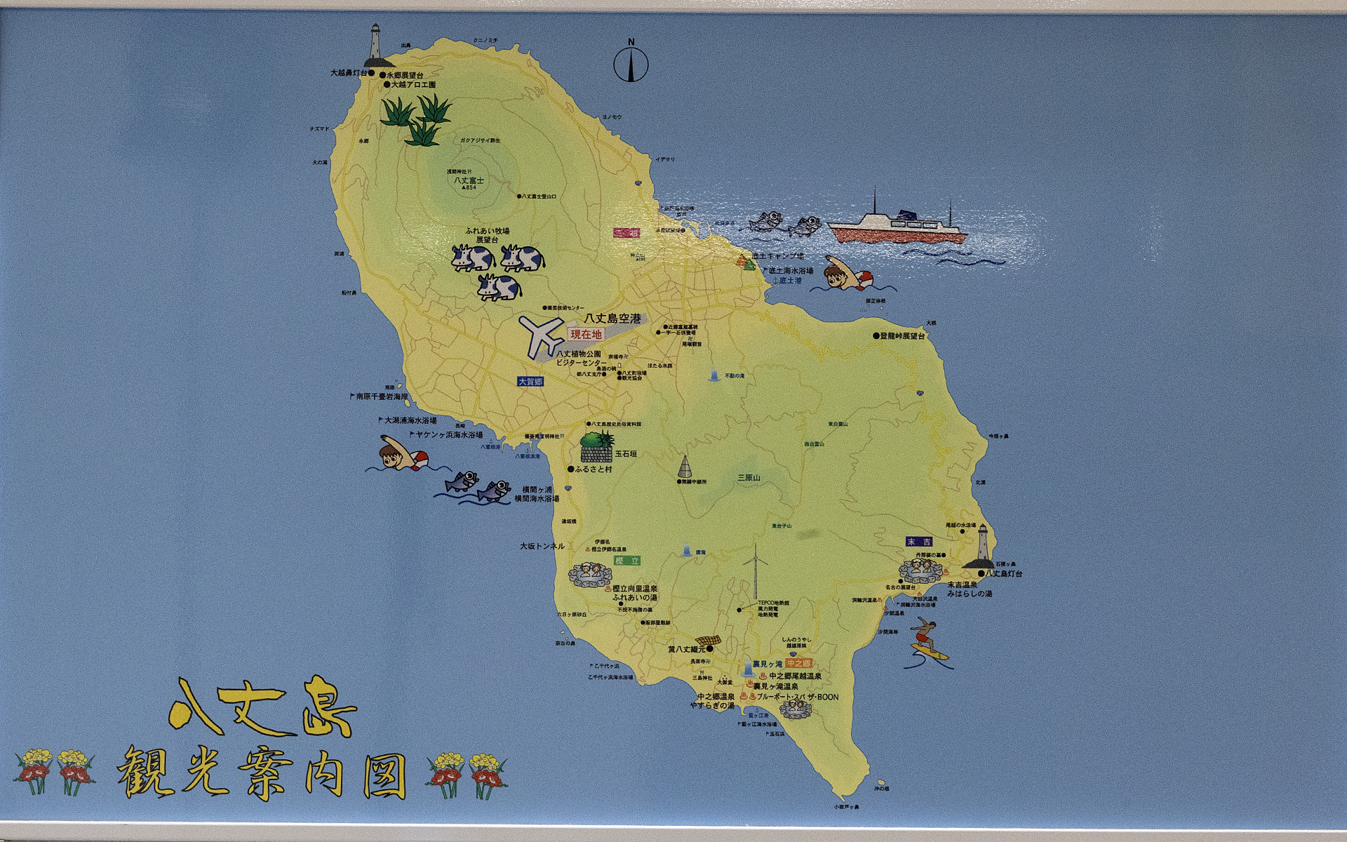 ひょうたん型の地形の八丈島。北と南に山があることから地形に高低差があるため、比較的平らな島の中央部分に生活圏の多くが集まっている