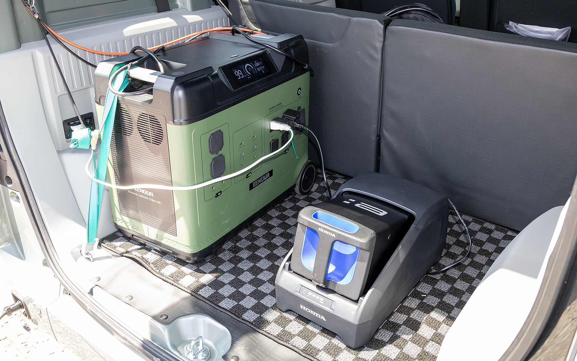 太陽光パネルから送られる電気が直流で、車体側のバッテリも直流であるものの、充電機能は交流しかないということから、間にポータブルバッテリを介すようにしているという