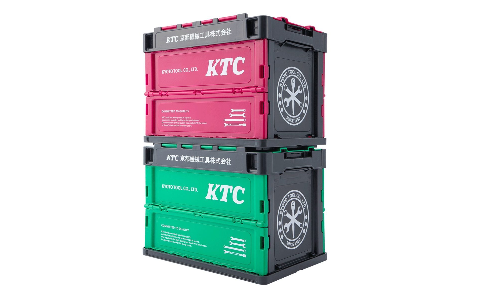 KTC折りたたみコンテナ20Lは、人気の折りたたみコンテナと同様で重ね置きができるので、省スペースでの収納もスムーズなほか、ガレージや作業現場はもちろんキャンプサイトでも映えるアイテム。カラーは、グリーン×グレーまたはピンク×グレーの2色（数量限定品）