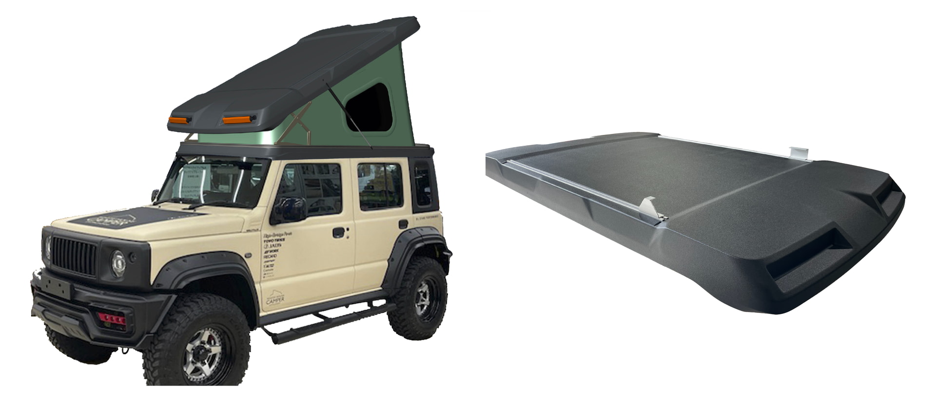 ジムニー5ドアモデル「ノマド」用の新型ポップアップルーフも展示