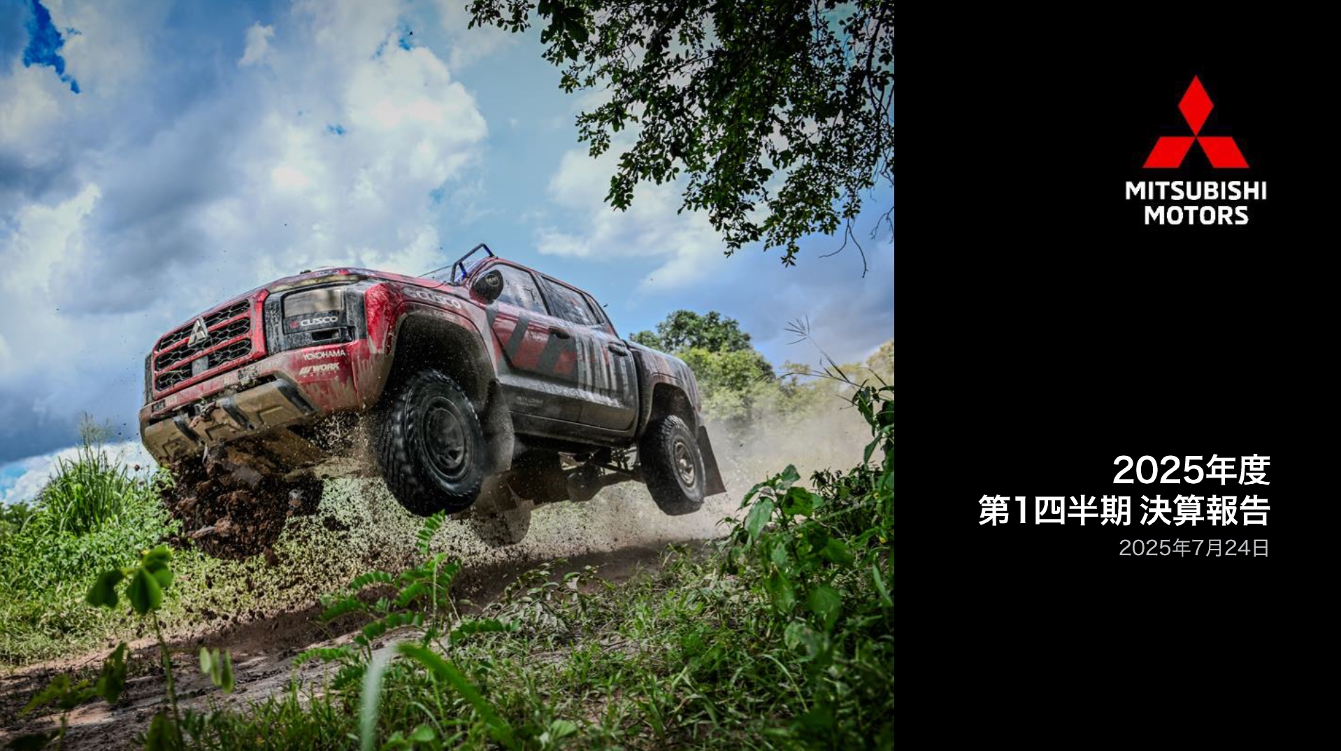 決算資料の表紙には、アジアクロスカントリーラリー2025に参戦するチーム三菱ラリーアートの「トライトン」が躍動する写真を掲載