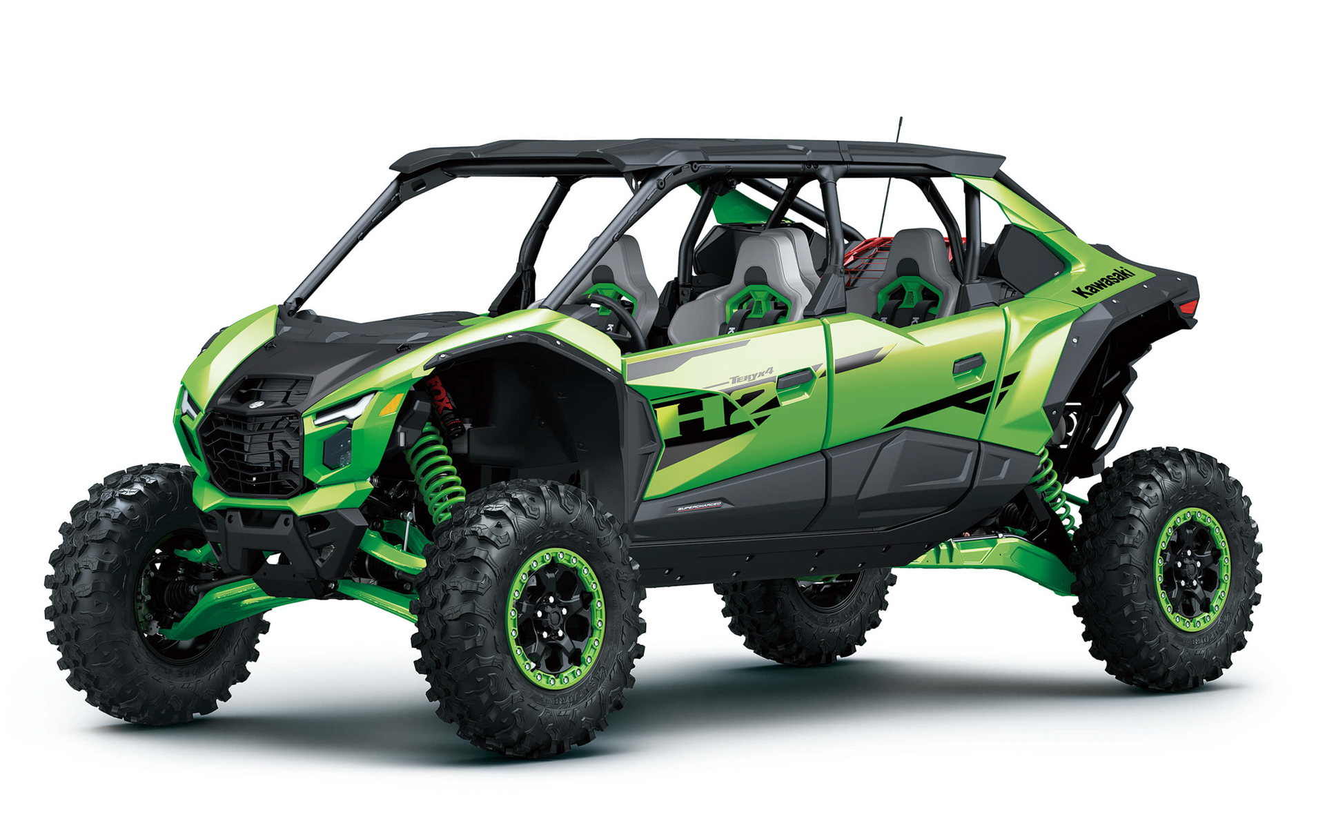 TERYX4 H2 DELUXEは4人乗りで、外装パーツのアクセントカラーにカワサキグリーンが用いられ、シートがホワイトになり、屋根が付くなどデラックスな仕様となっている