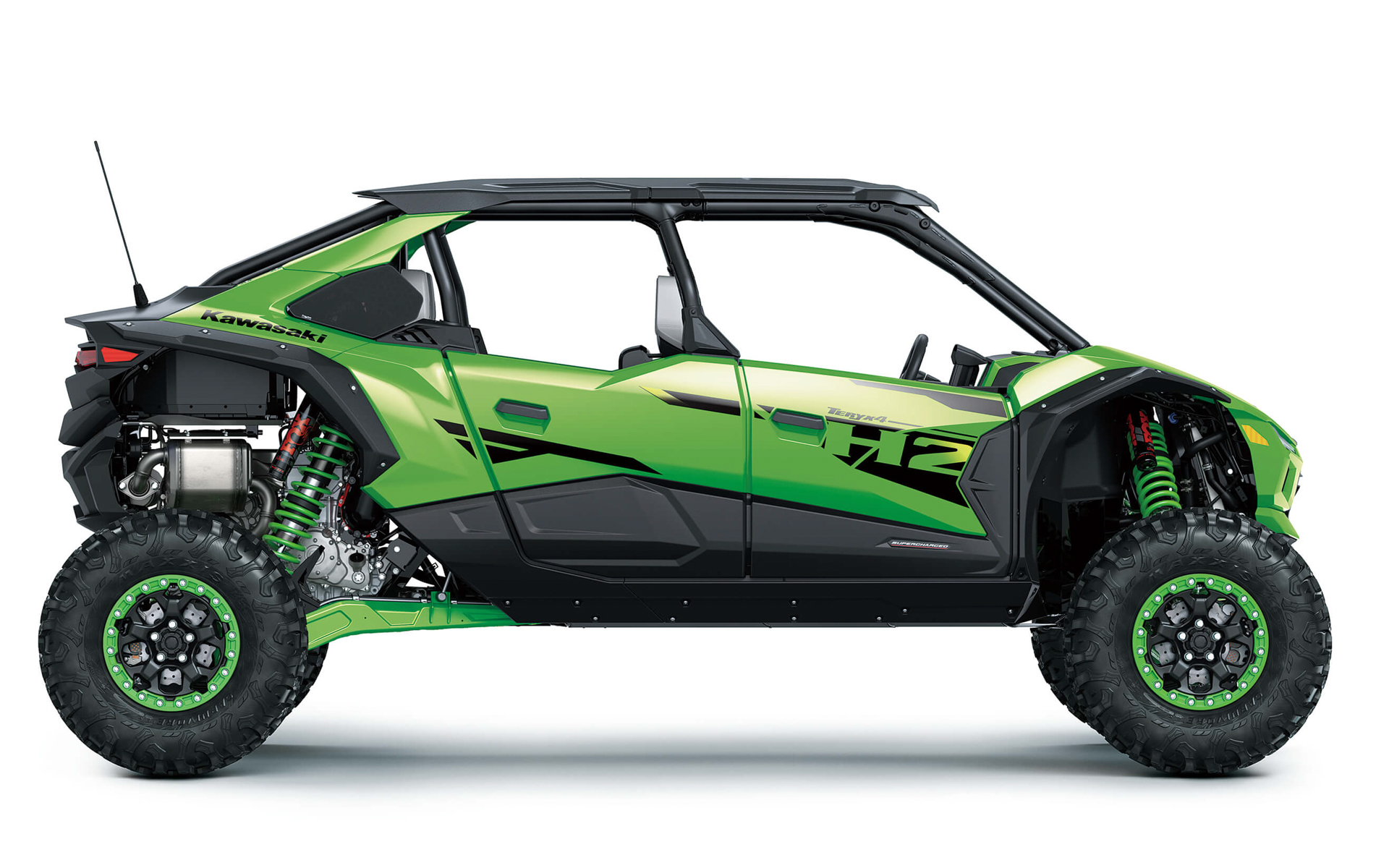 TERYX4 H2 DELUXEは4人乗りで、外装パーツのアクセントカラーにカワサキグリーンが用いられ、シートがホワイトになり、屋根が付くなどデラックスな仕様となっている