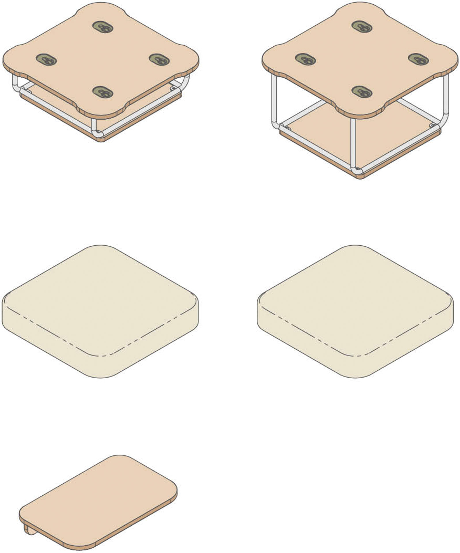 セット「チル」家具モジュール（ベースモジュール・ベースモジュールラージ・クッションモジュール×2・サイドテーブル）