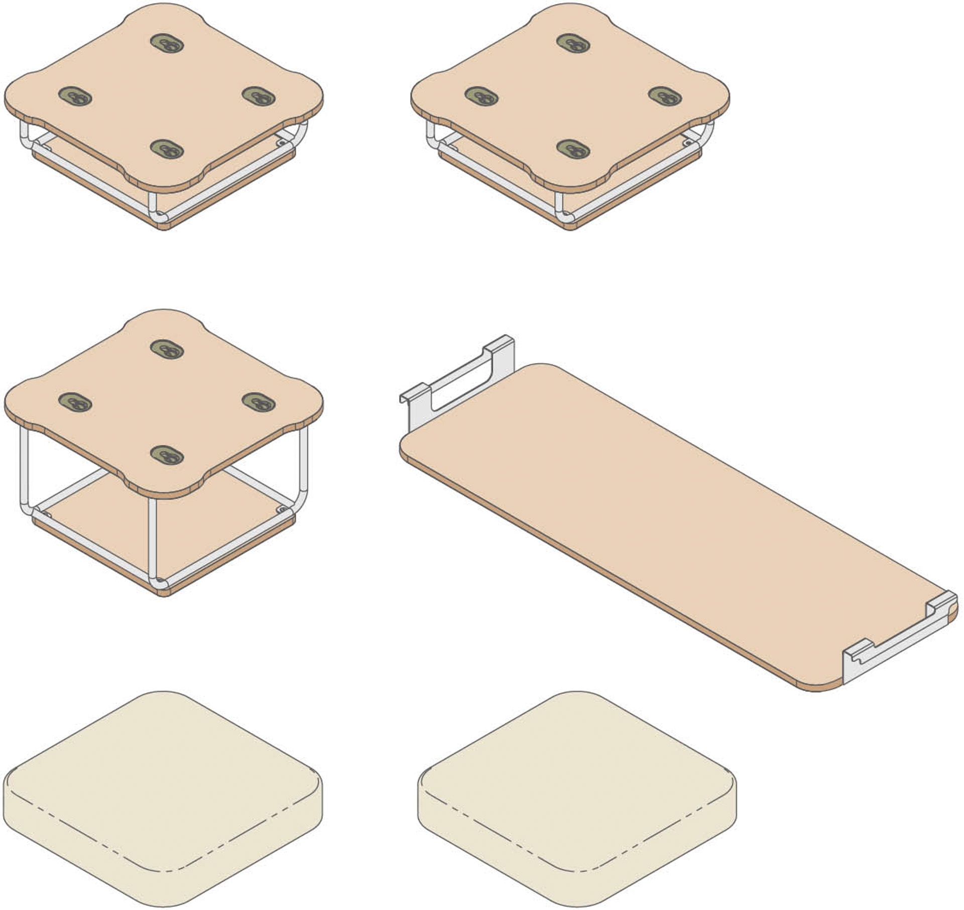 セット「フォーカス」家具モジュール（ベースモジュール×2・ベースモジュールラージ・ワークテーブル・クッションモジュール×2）
