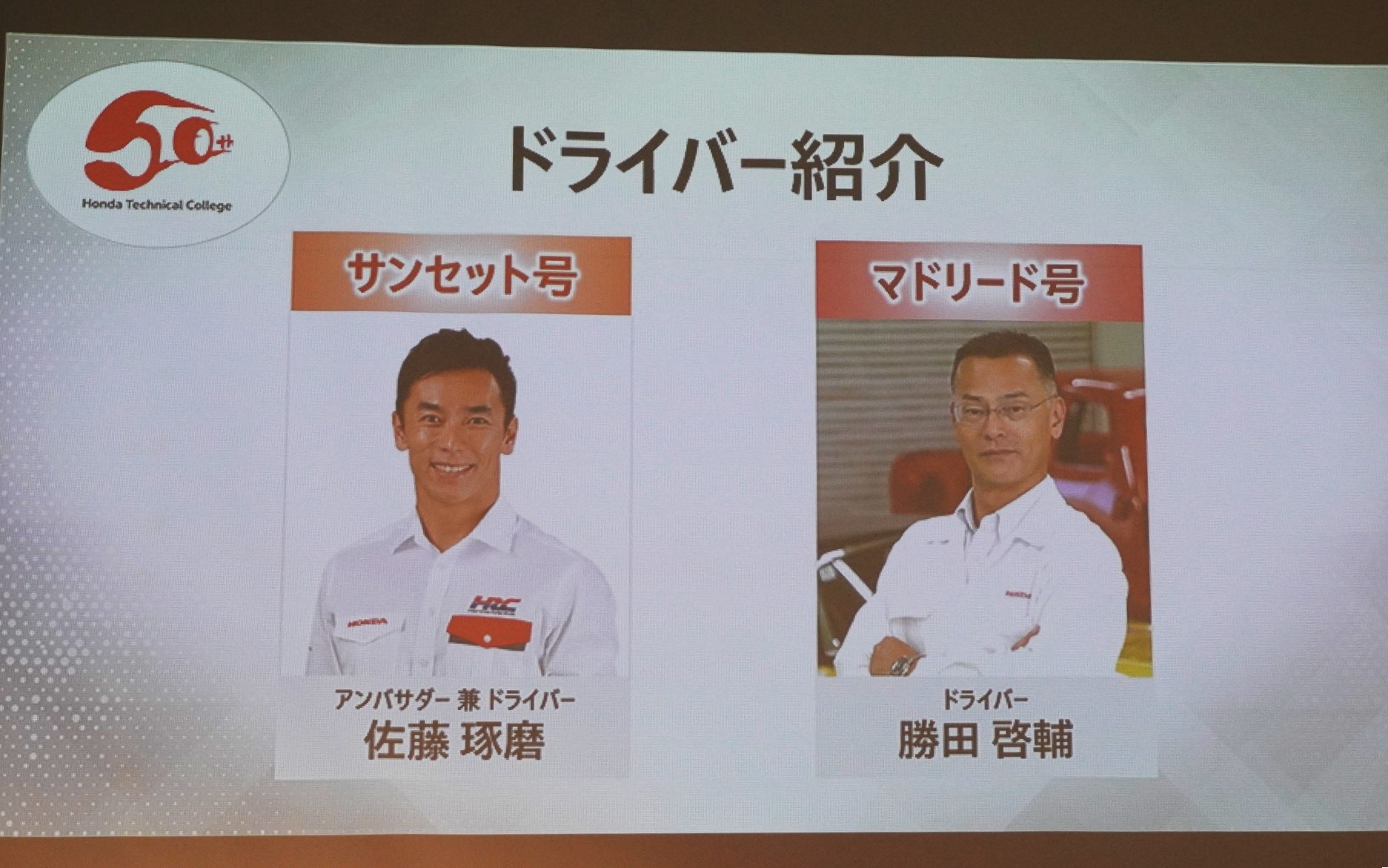 ドライバーは佐藤琢磨選手とホンダテクニカルカレッジ関東の勝田啓輔校長