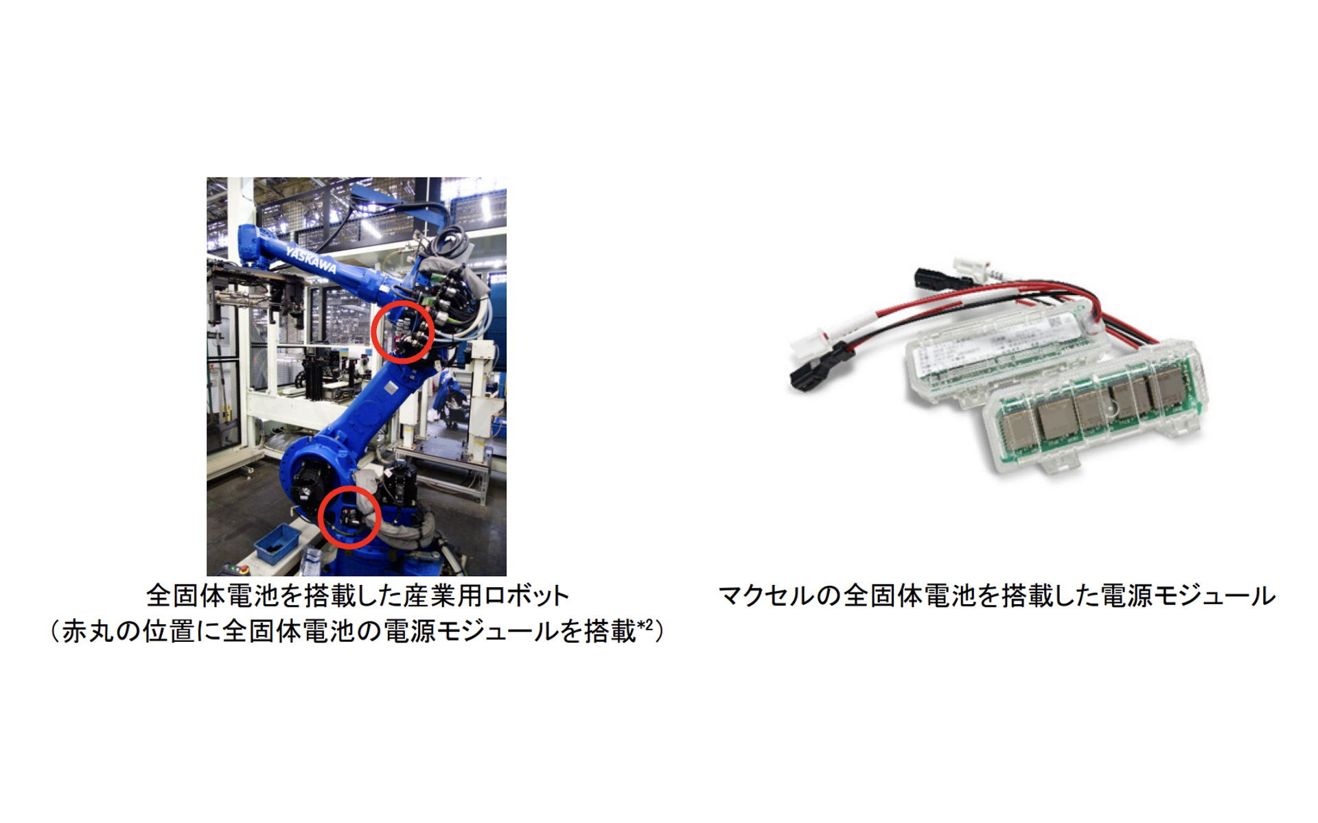全固体電池を搭載した産業用ロボット（赤丸の位置に全固体電池の電源モジュールを搭載）、左はマクセルの全固体電池を搭載した電源モジュール