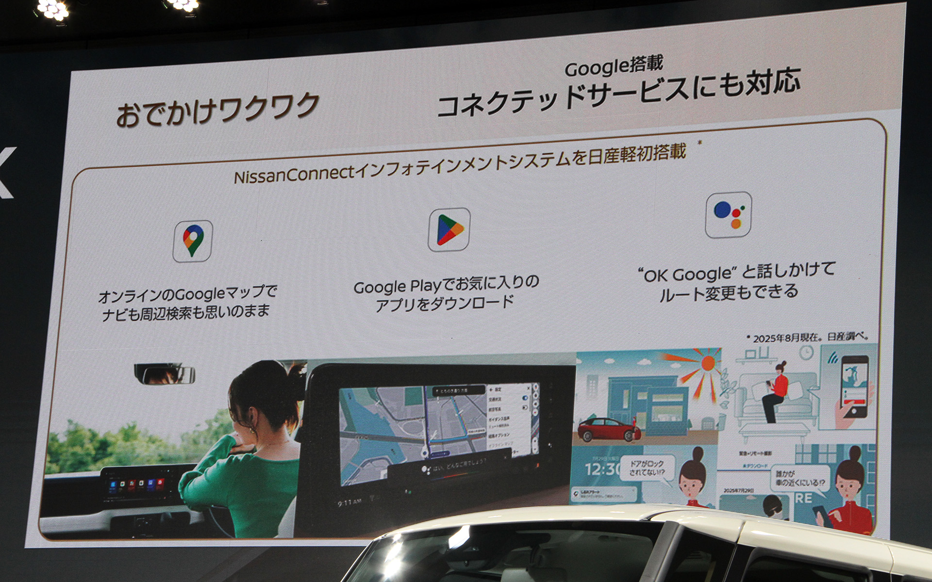 従来のディーラーオプションナビの選択肢に加え、ルークスとして初めてメーカーオプションのNissanConnectインフォテインメントシステムを採用。同システムはGoogle搭載により、「Googleマップ」「Googleアシスタント」「Google Play」の各機能に新たに対応