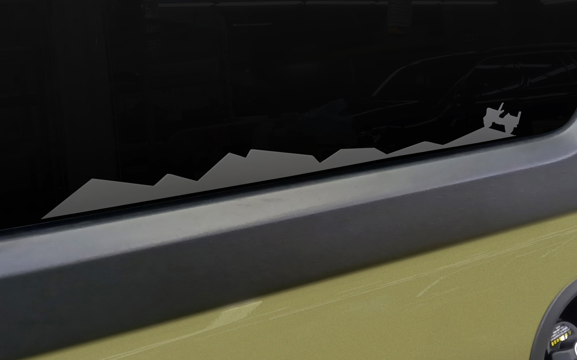 山頂への等高線や山の稜線を走るWillys MBのシルエットが描かれたデカール