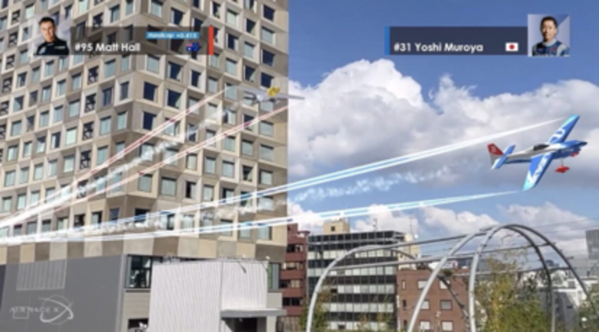選手たちは世界中の拠点で実際にフライトし、機体に搭載された専用センサーにより誤差わずか3cmという超高精度の飛行データを計測・収集。そのデータをもとに、都市空間にAR（拡張現実）で“空飛ぶレース機”が再現される
