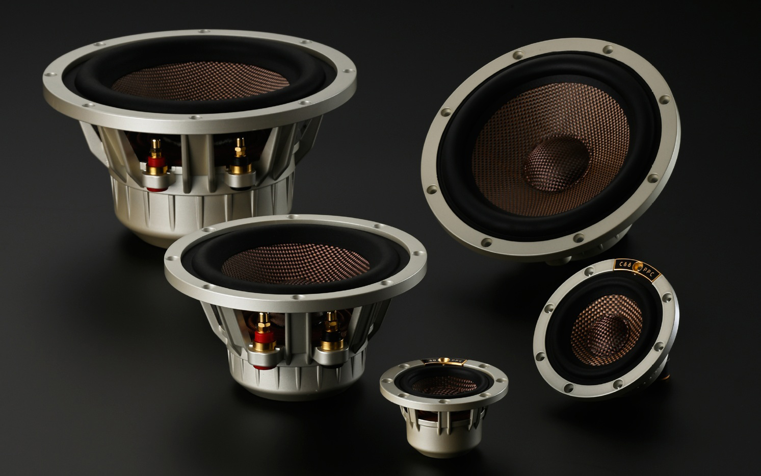 5口径・5機種を展開する「Confidence GOLD」のラインアップ（サブウーファーC180Gは1本単位で、それ以外の4機種は2本1組で販売）