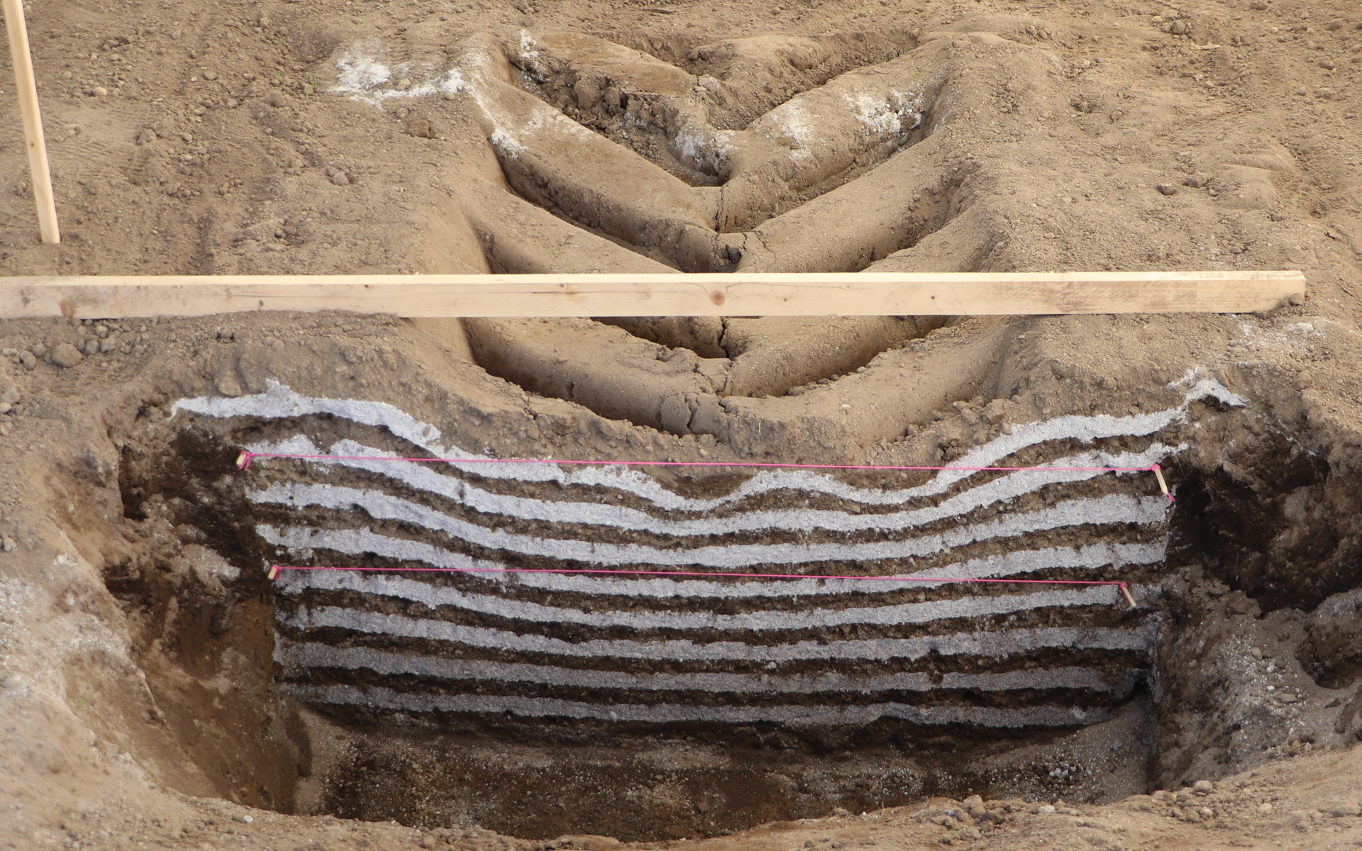 標準タイヤ「MACHXBIB」が適正空気圧110kPaで走行したソイルコンパンクション。上から4番目の白線が下のピンクの糸より下へ沈み込んでいるのが分かる