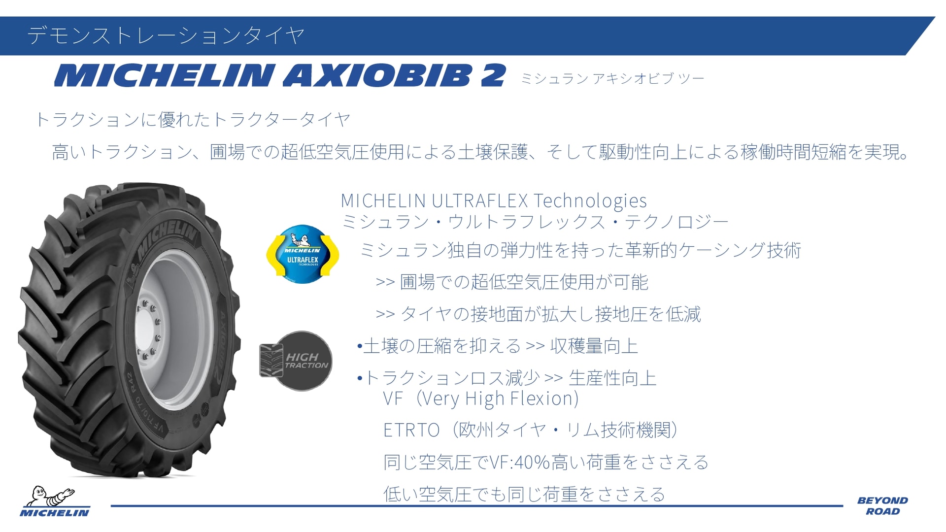 デモンストレーションで使用したウルトラフレックステクノロジーを採用する農機用タイヤの最新モデル「アクシオビブ2」の特徴