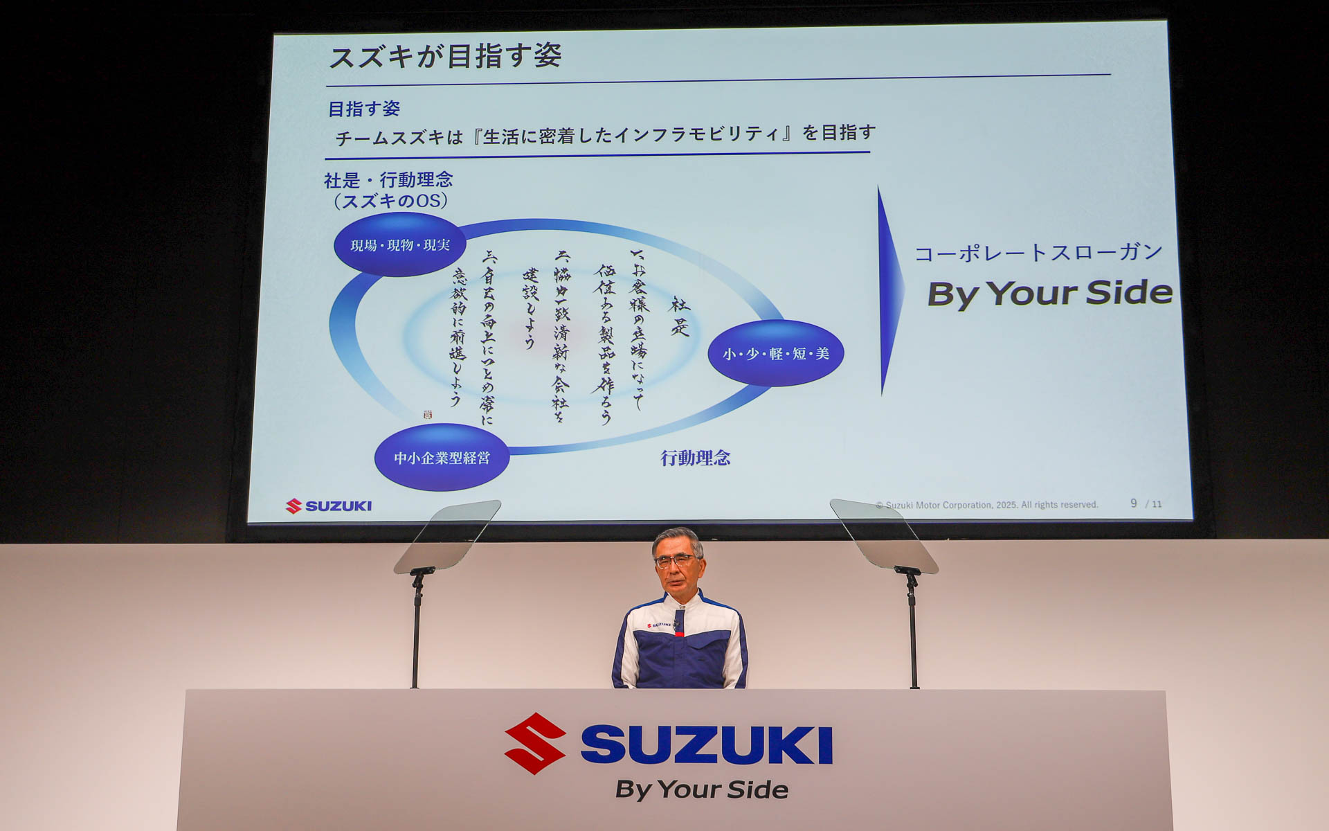 新たな5つの行動理念「現場・現物・現実・原理・原則」について紹介する鈴木社長