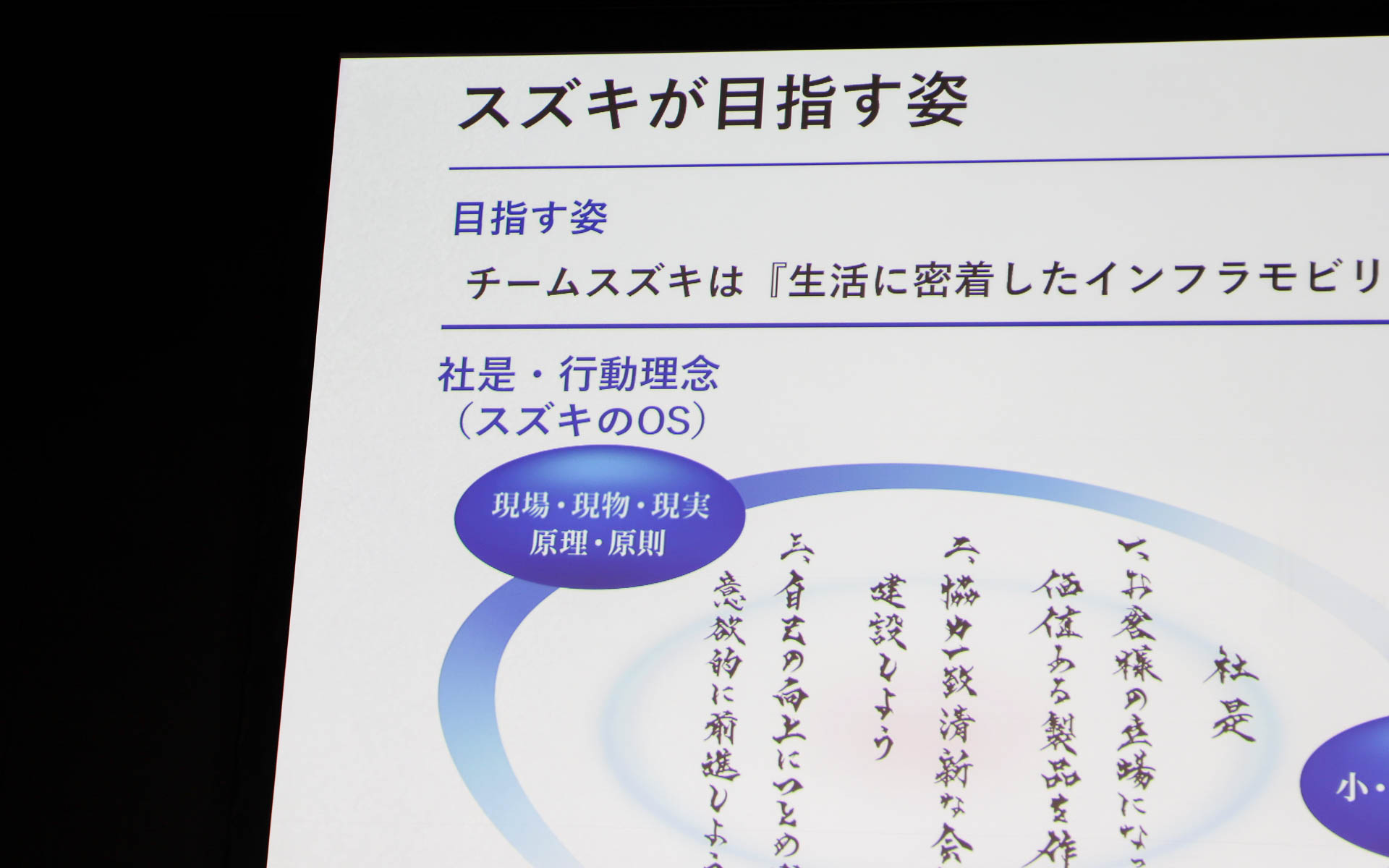 新たな5つの行動理念「現場・現物・現実・原理・原則」について紹介する鈴木社長
