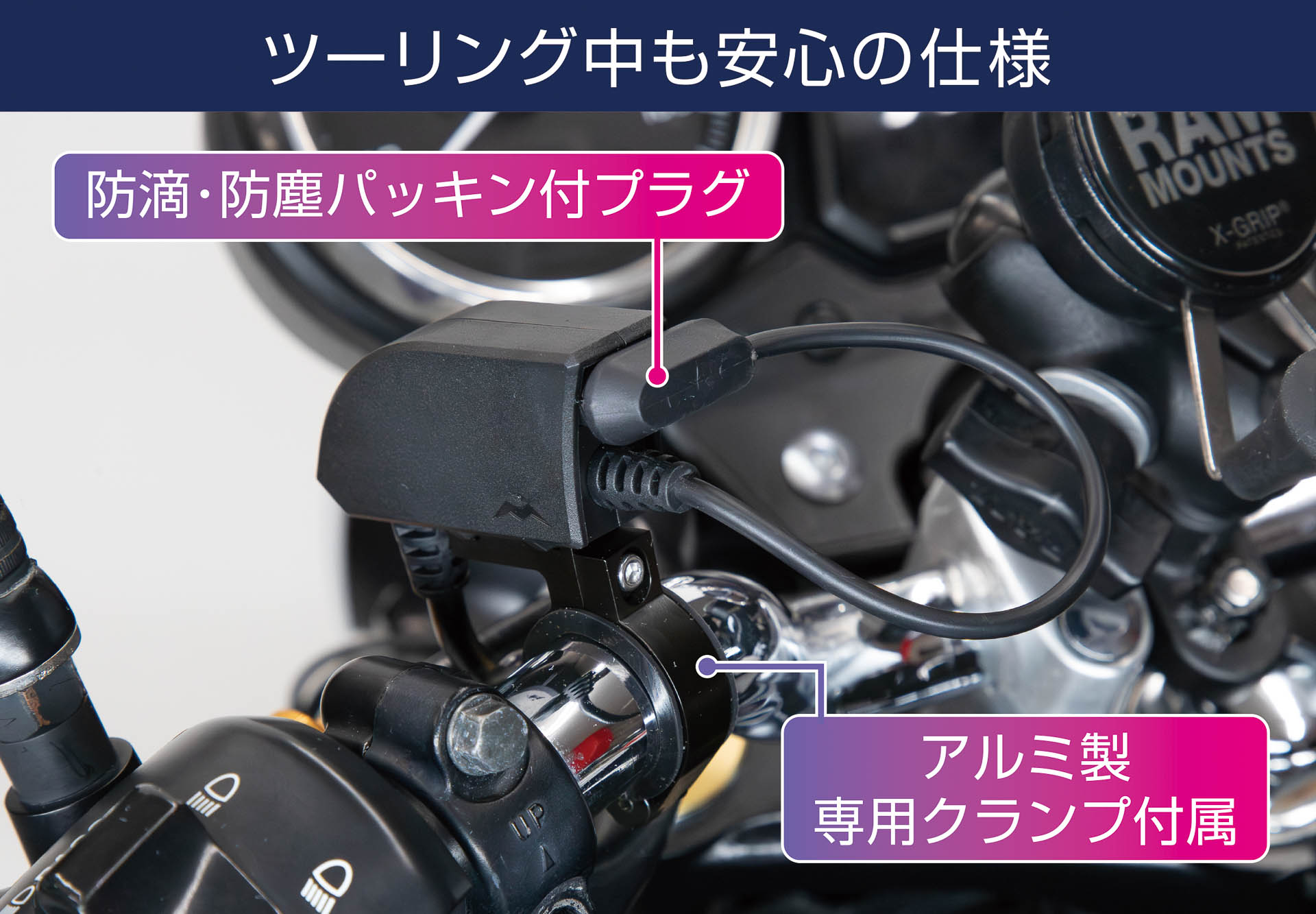 防滴・防塵パッキン付きプラグを採用。取り付けは専用のアルミ製クランプが付属する