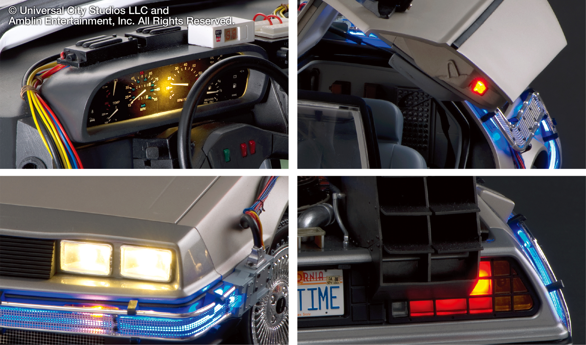 時速88マイルを測るデジタル表示のスピードメーターなどの計器類をはじめ、ペダルと連動したブレーキランプ、ドアの開閉にあわせて点灯するランプなど、多数の点灯ギミックを搭載