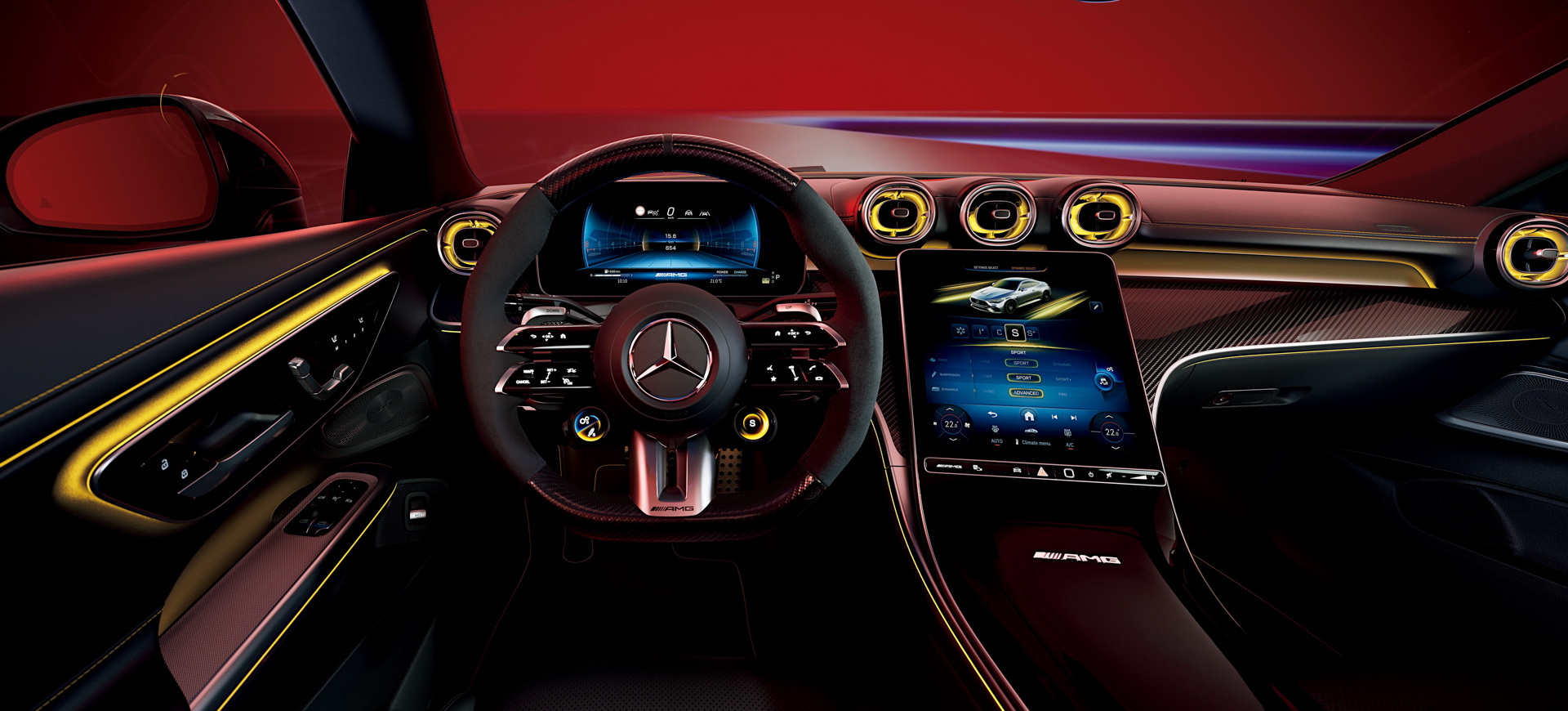 メルセデスAMG CLE 53 4MATIC＋ クーペ マヌファクトゥーアエディションのインテリア。黄色の挿し色でエクステリアとの調和が図られている