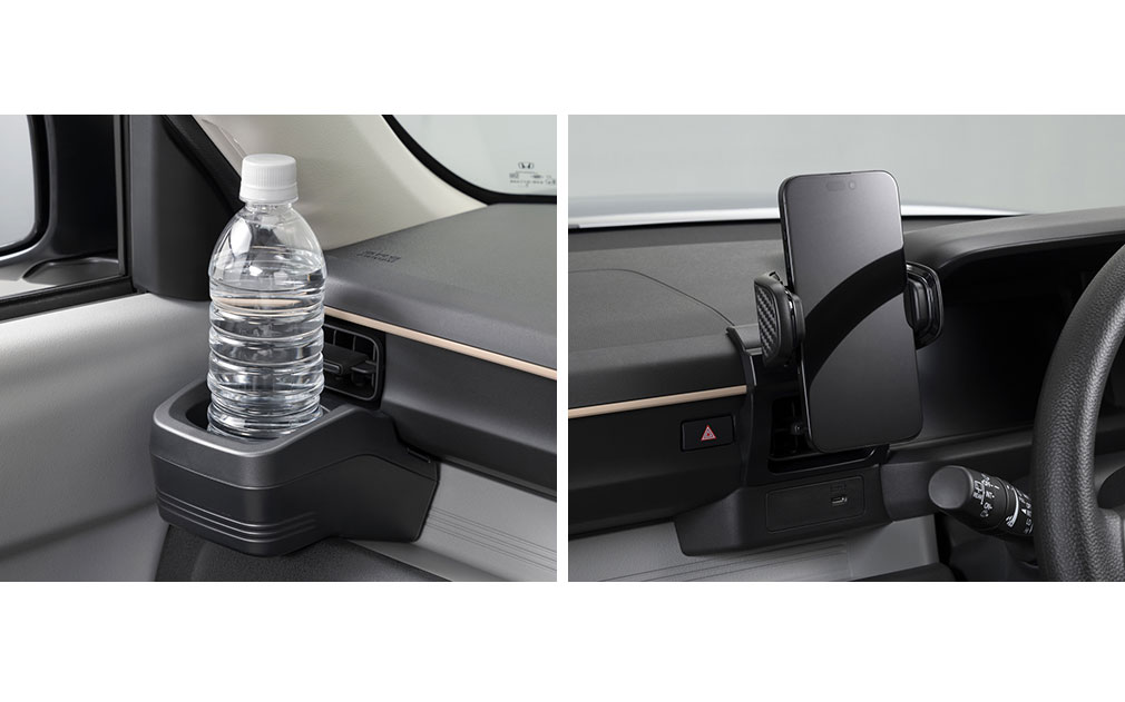 「N-ONE e:」専用設計の「ドリンクホルダー 助手席用」と「スマホルダー クイック」