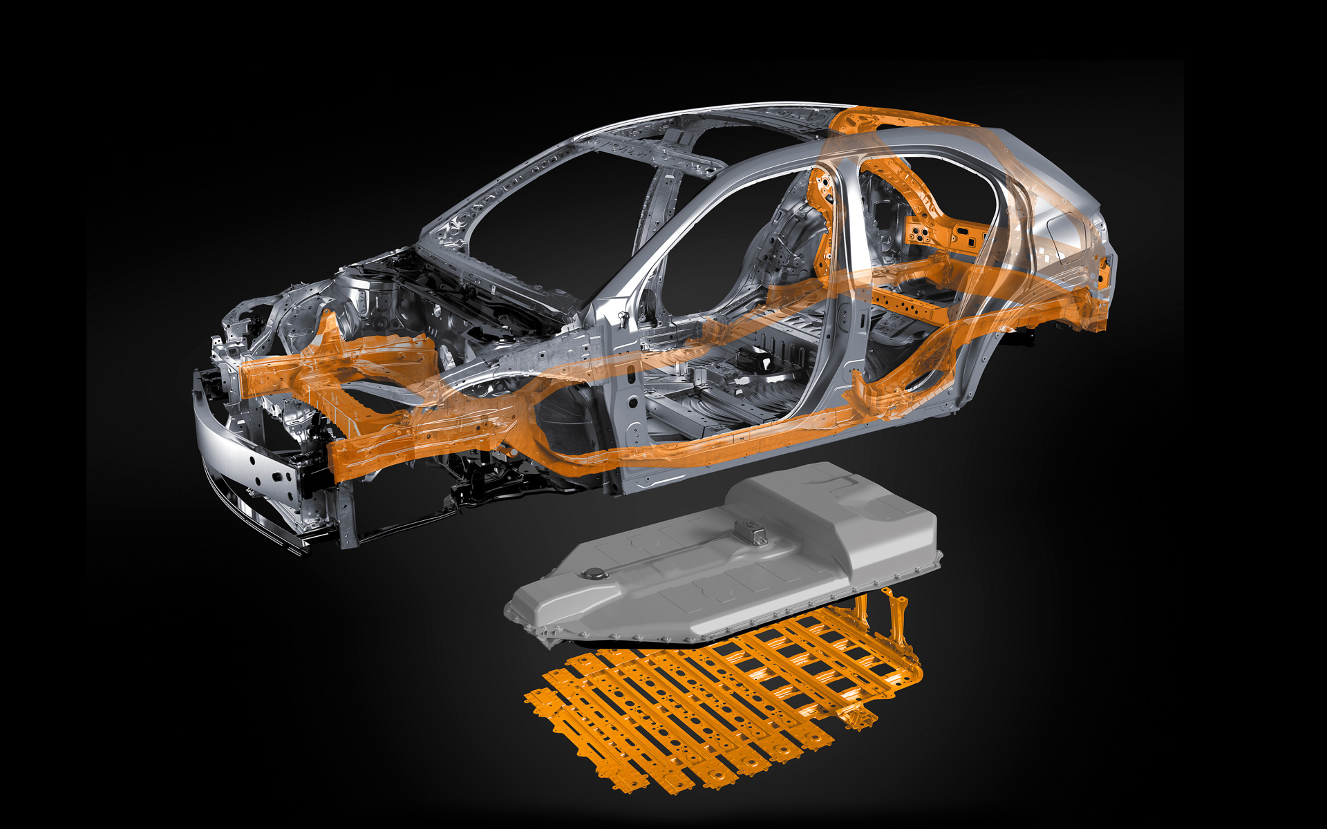 井桁形状の鋼鉄製アンダーフレーム上にバッテリパックを搭載。外部の衝撃から保護しつつボディ剛性を強化