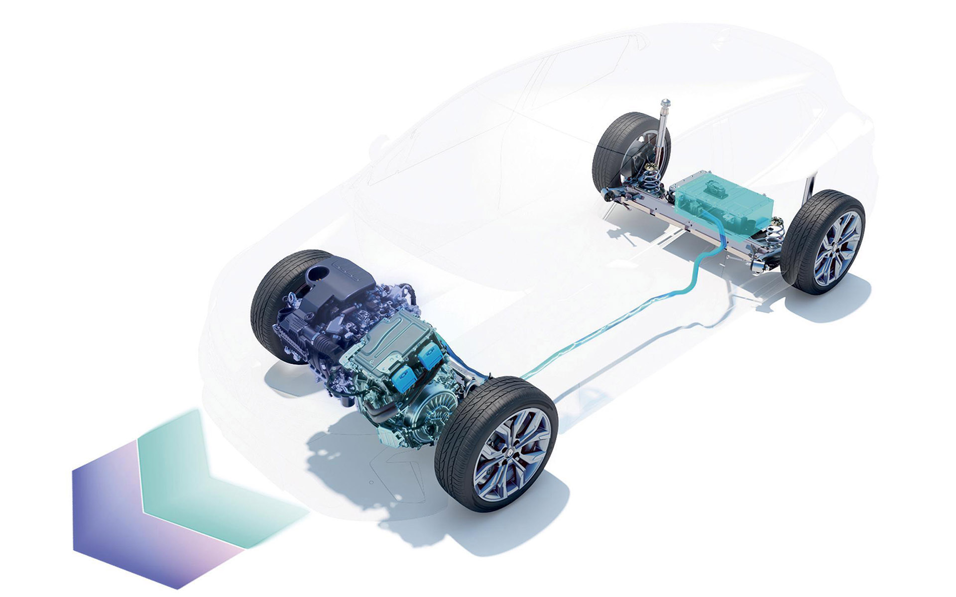 ルノーが独自に開発したハイブリッドシステム。直列4気筒1.6リッター自然吸気エンジンの最高出力は69kW（94PS）/5600rpm、最大トルクは148Nm（15.1kgfm）/3200rpm。メインモーター（E-モーター）の最高出力は36kW（49PS）/1677-6000rpm、最大トルクは205Nm（20.9kgfm）/200-1677rpm。サブモーター（HSG）の最高出力は15kW（20PS）/2865-10000rpm、最大トルクは50Nm（5.1kgfm）/200-2865rpm