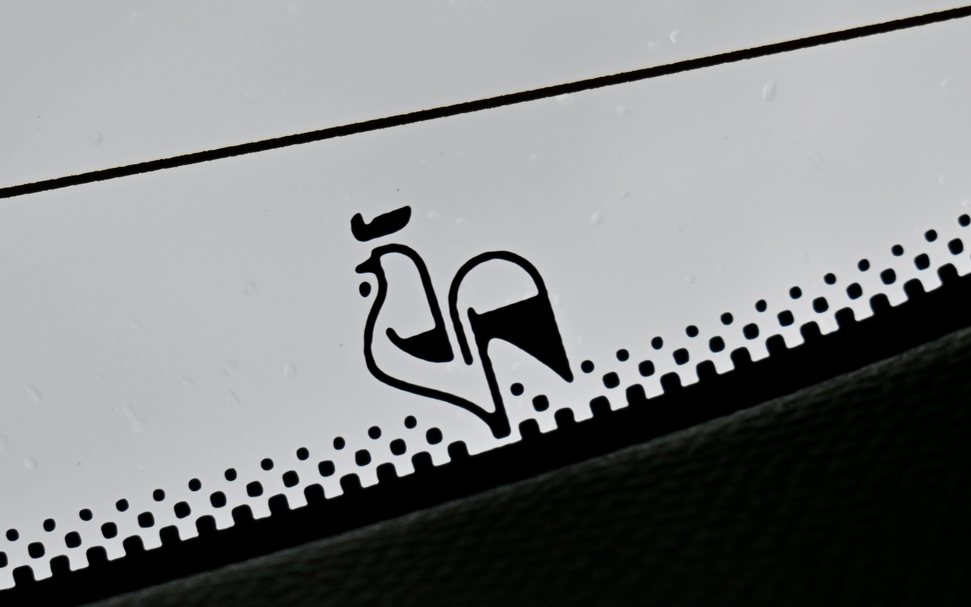 リアゲートのガラス部分に描かれたパリの街並みとニワトリ