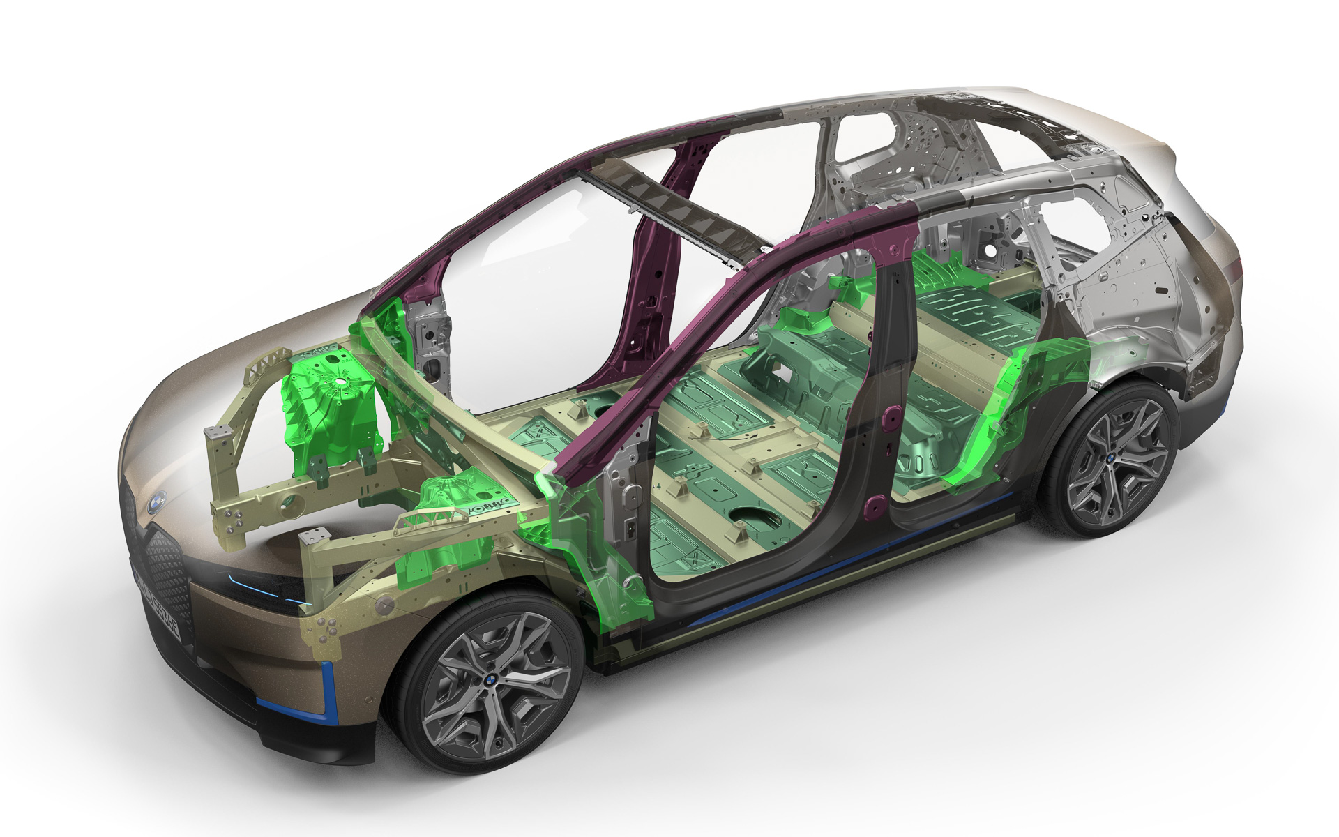 フロア下に駆動用バッテリを搭載。モノコックはハイテン鋼やアルミなどを組み合わせた軽量設計となっている