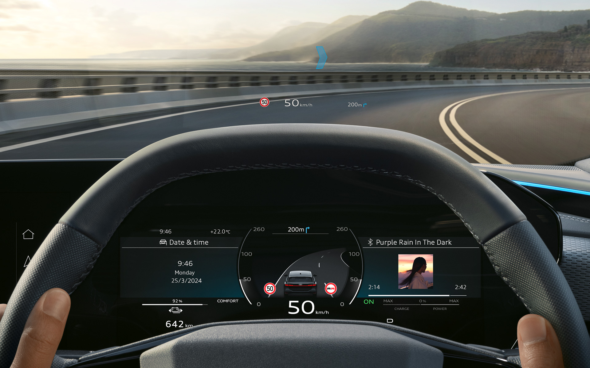 オプションの「ARヘッドアップディスプレイ」はフロントウィンドウに車速、交通標識、アシスト情報、ナビゲーションシンボルなどの関連情報を仮想表示