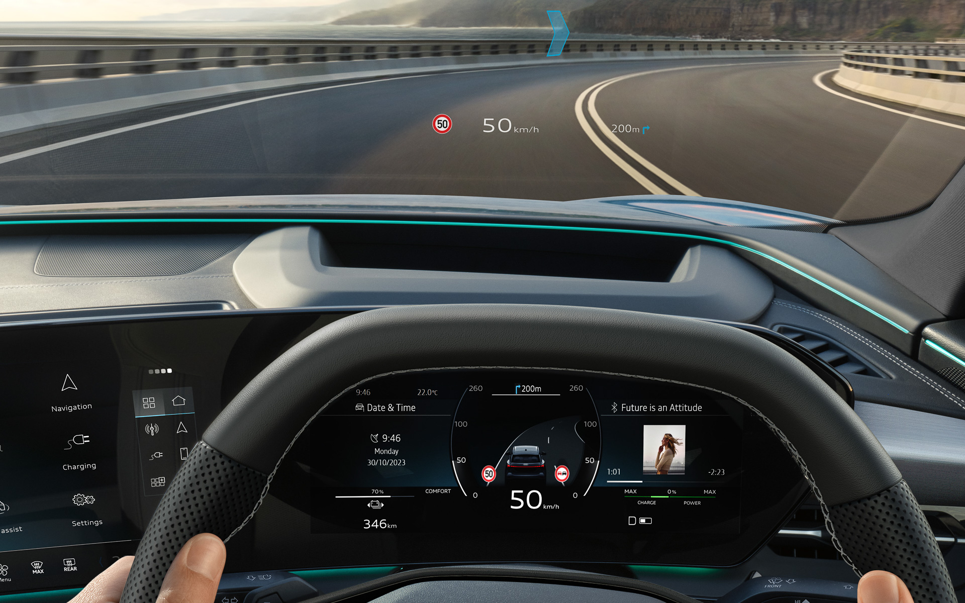 「ARヘッドアップディスプレイ」はSQ6 e-tronで標準装備。Q6 e-tronとQ6 e-tron quattroにもオプション装着可能