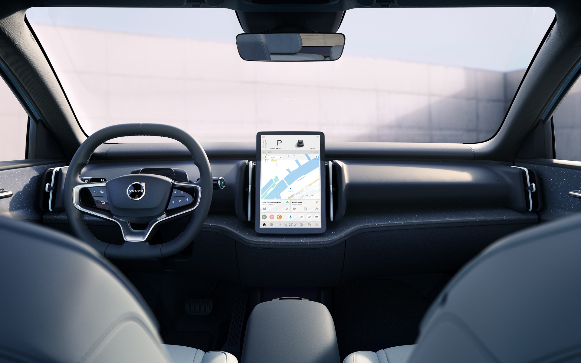 センターコンソールに「タッチスクリーン式ドライバーディスプレイ一体型センターディスプレイ」を搭載。ステアリングの前方にメーターなどが存在しない独自のインテリアとなっている