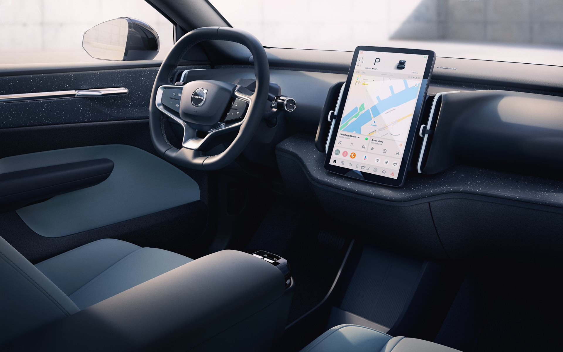 センターコンソールに「タッチスクリーン式ドライバーディスプレイ一体型センターディスプレイ」を搭載。ステアリングの前方にメーターなどが存在しない独自のインテリアとなっている