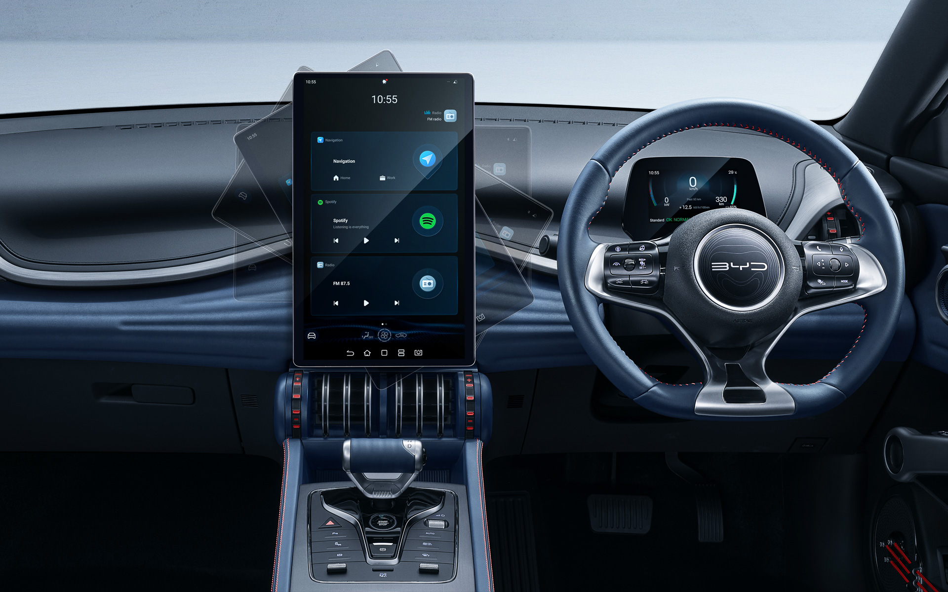 インパネ中央に15.6インチの「電動回転式タッチスクリーン」を搭載