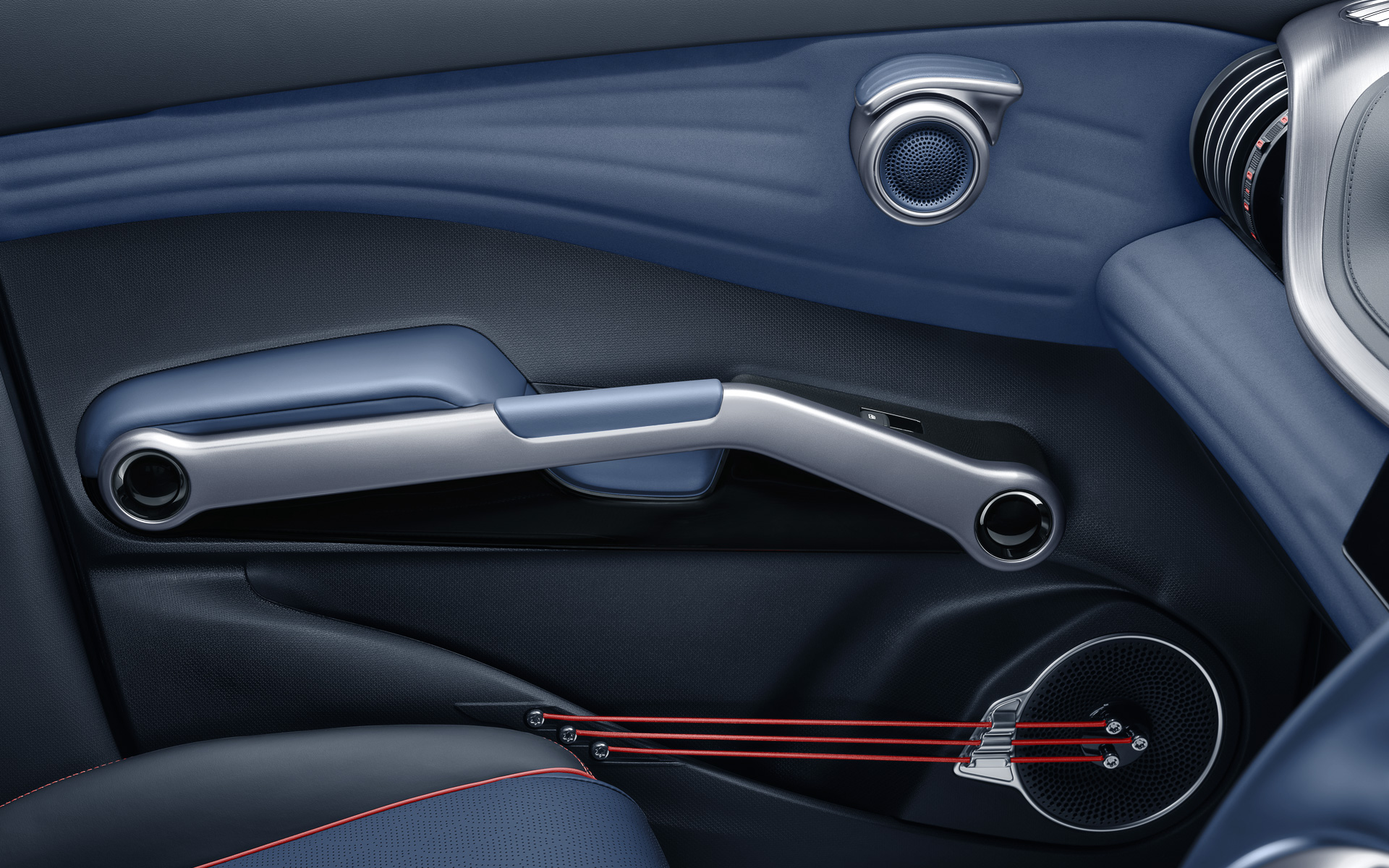 ドアポケットには“ギターの弦”をモチーフとした3本のバンドを設定