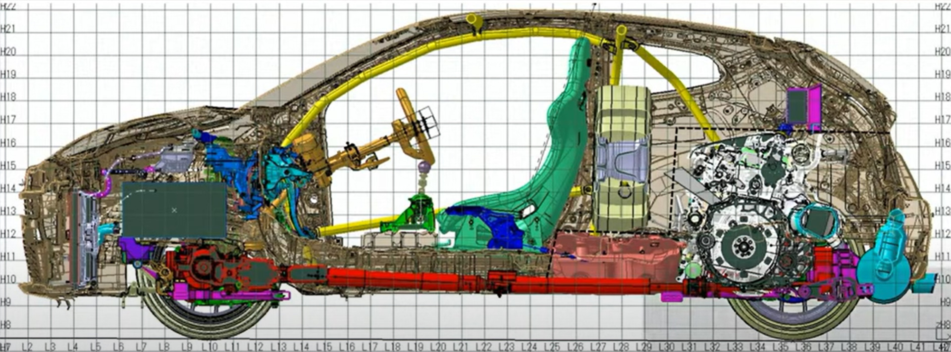 トヨタの新型ミッドシップ4WD「GRヤリスMコンセプト」の構造図。リアまわりからフロントへ駆動軸を導いている。フロントのジェイテクト製電子制御カップリング「ITCC」により前後駆動比をコントロール