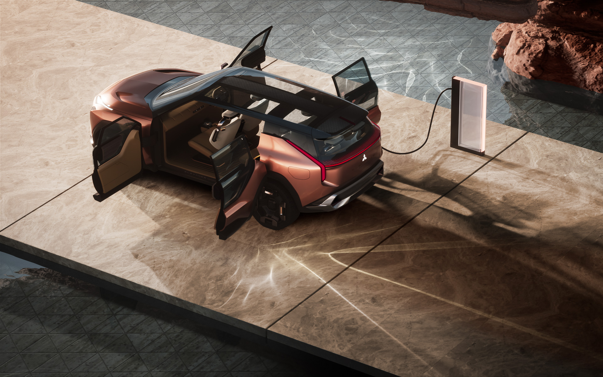 エクステリアでは先進的に表現した「ダイナミックシールド」を採用するとともに、ヘッドライトからボディサイドのキャラクターライン、テールランプへと直線的に連続する造形により、雄大で堂々としたデザインに仕上げた。ヘッドライトは安全に通れる道幅をドライバーに視覚的に伝える機能も有する