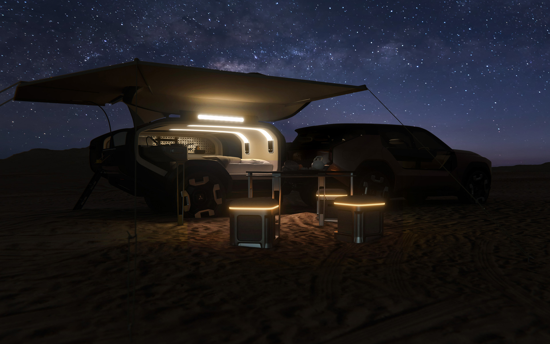 PHEVシステムを搭載する「MITSUBISHI ELEVANCE Concept」。高効率ガソリンエンジンと大容量の駆動用バッテリを採用したPHEVシステムとともに、フロントには操縦安定性を高めるインホイールモーター、リアには高い駆動力を誇るデュアルモーターAYC（Active Yaw Control）を搭載するクアッドモーター4WD式の独自の四輪制御技術「S-AWC」を採用。サスペンションは車高調整機能を有し、車体の姿勢安定化に貢献する