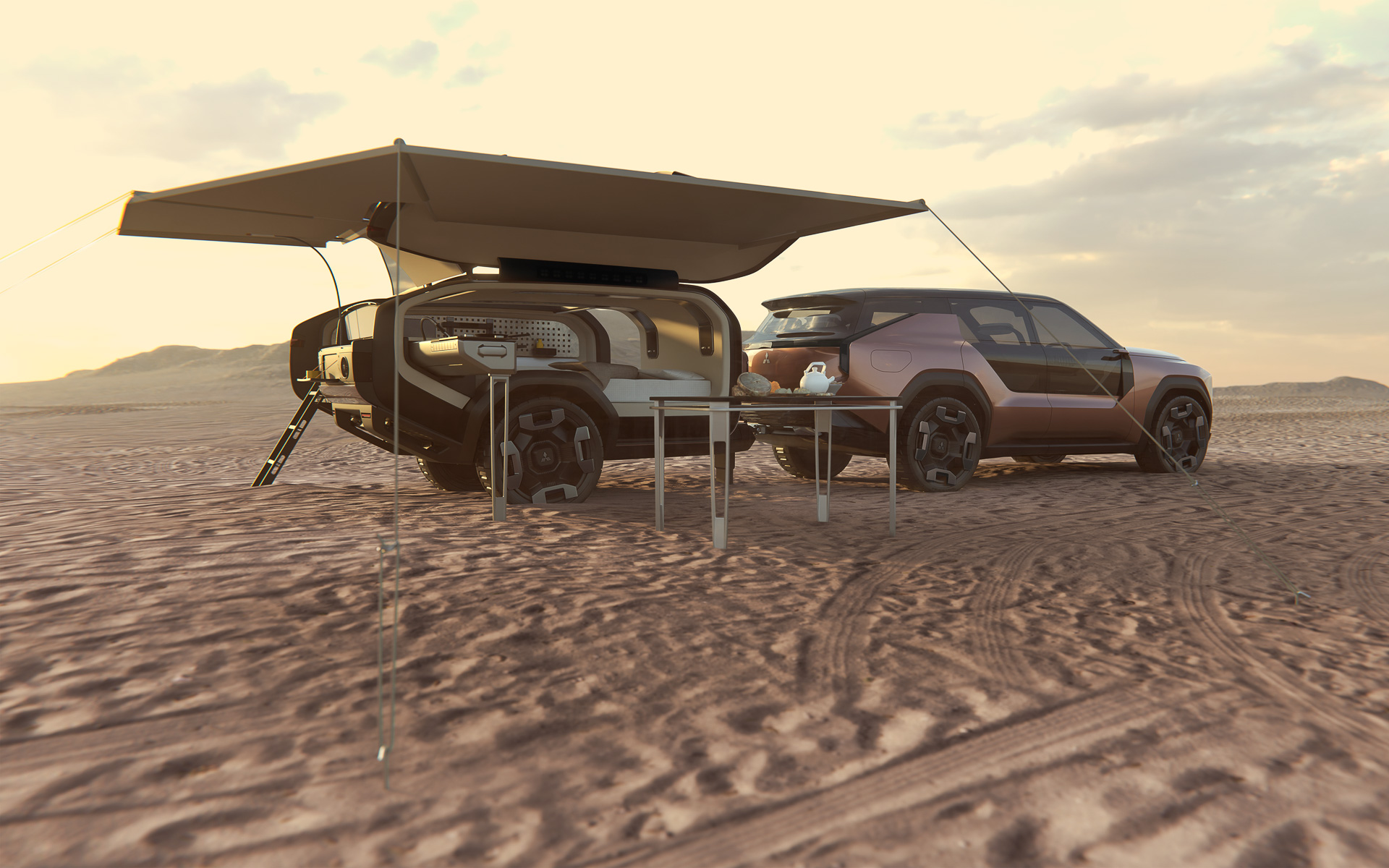 PHEVシステムを搭載する「MITSUBISHI ELEVANCE Concept」。高効率ガソリンエンジンと大容量の駆動用バッテリを採用したPHEVシステムとともに、フロントには操縦安定性を高めるインホイールモーター、リアには高い駆動力を誇るデュアルモーターAYC（Active Yaw Control）を搭載するクアッドモーター4WD式の独自の四輪制御技術「S-AWC」を採用。サスペンションは車高調整機能を有し、車体の姿勢安定化に貢献する