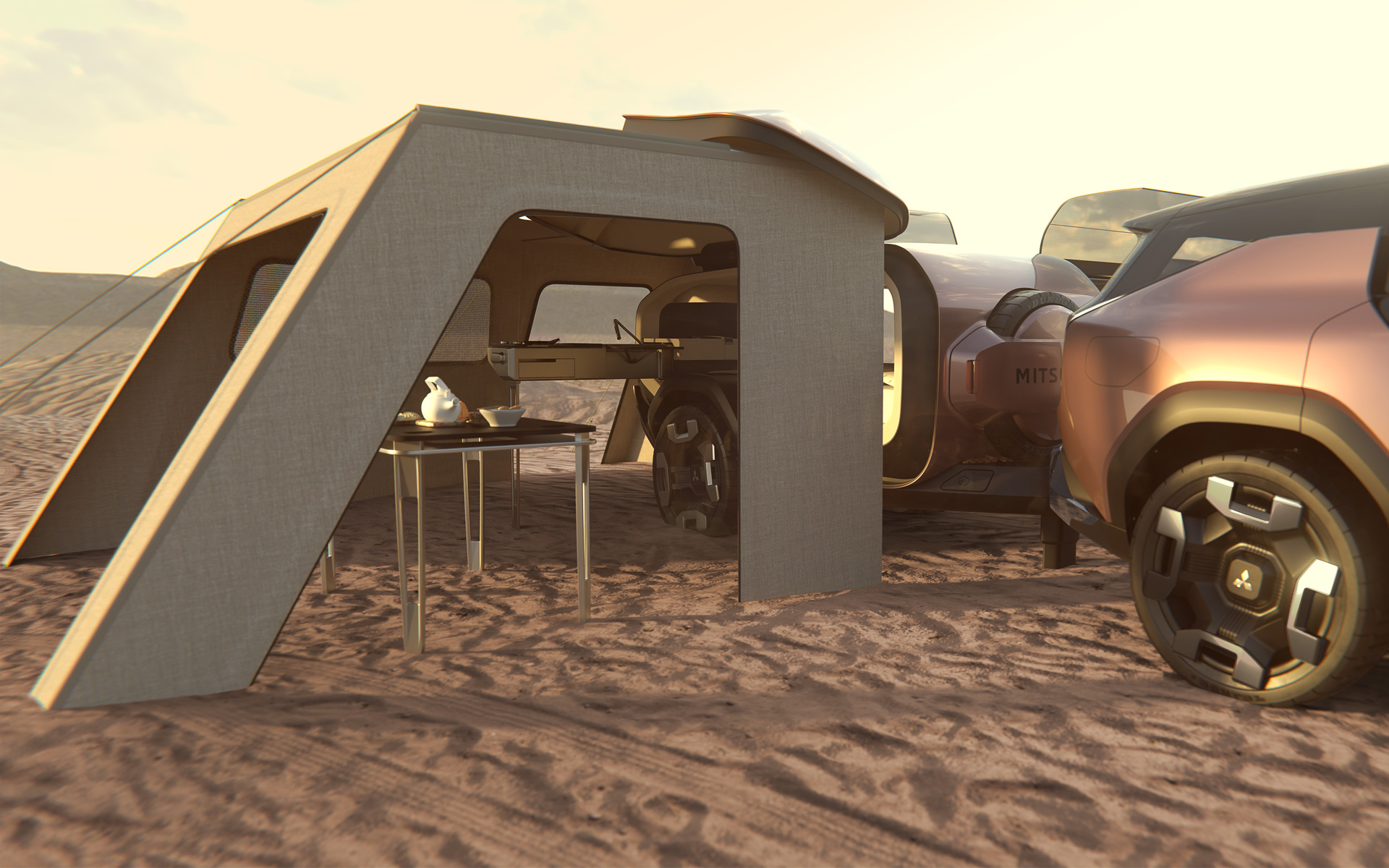 PHEVシステムを搭載する「MITSUBISHI ELEVANCE Concept」。高効率ガソリンエンジンと大容量の駆動用バッテリを採用したPHEVシステムとともに、フロントには操縦安定性を高めるインホイールモーター、リアには高い駆動力を誇るデュアルモーターAYC（Active Yaw Control）を搭載するクアッドモーター4WD式の独自の四輪制御技術「S-AWC」を採用。サスペンションは車高調整機能を有し、車体の姿勢安定化に貢献する