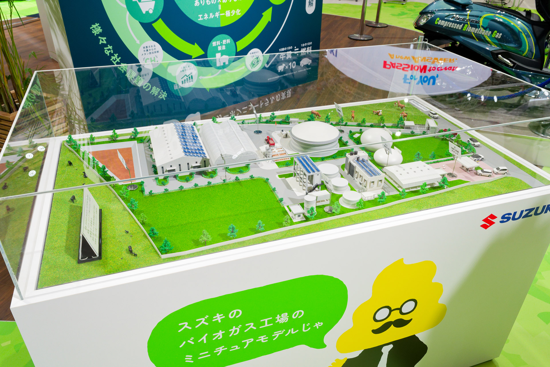 インドのグジャラート州にあるバイオガス燃料を生産するプラントをミニチュアで紹介。試運転を開始している