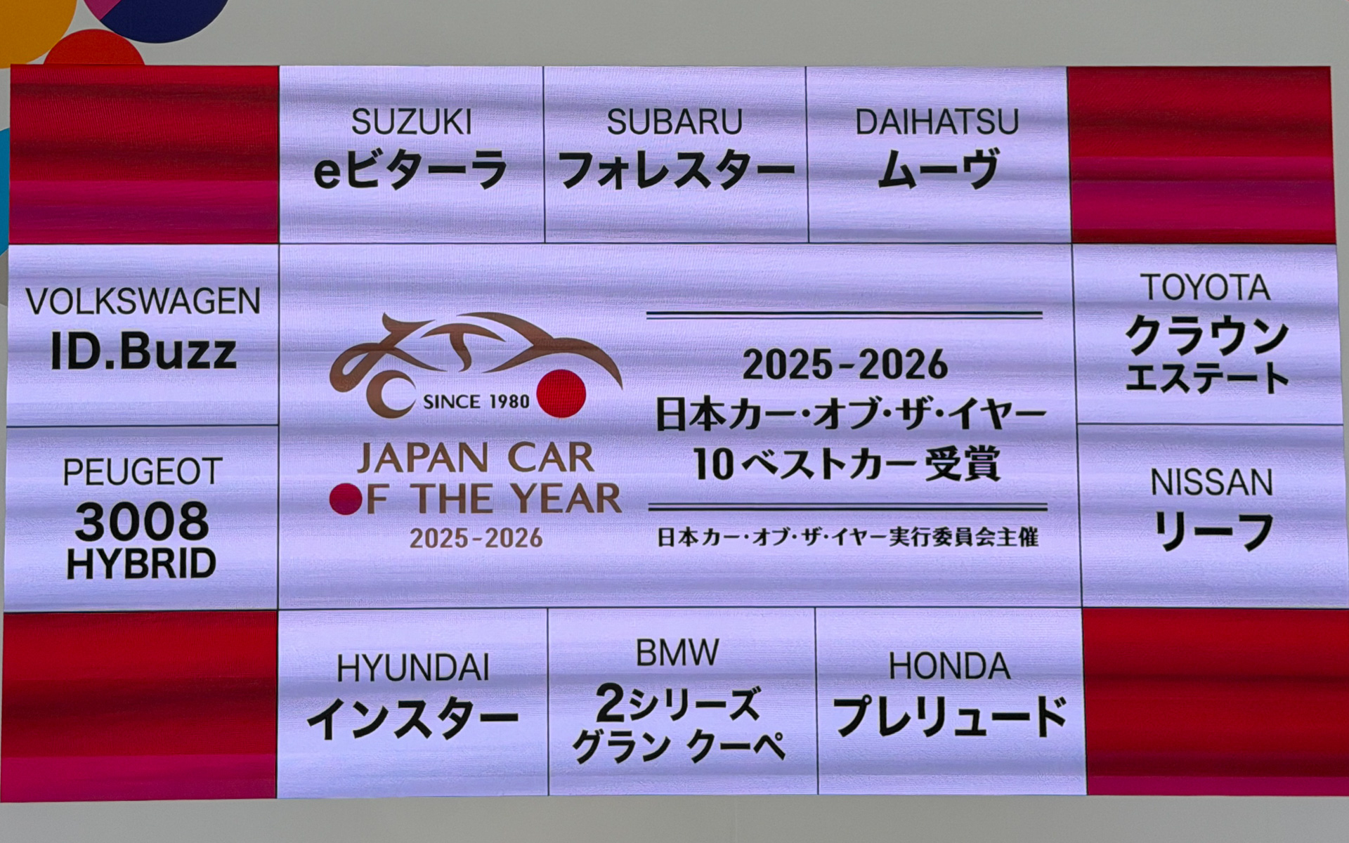 ジャパンモビリティショー2025会場で発表された日本カー・オブ・ザ・イヤー 2025-2026「10ベストカー」（ノミネート順）