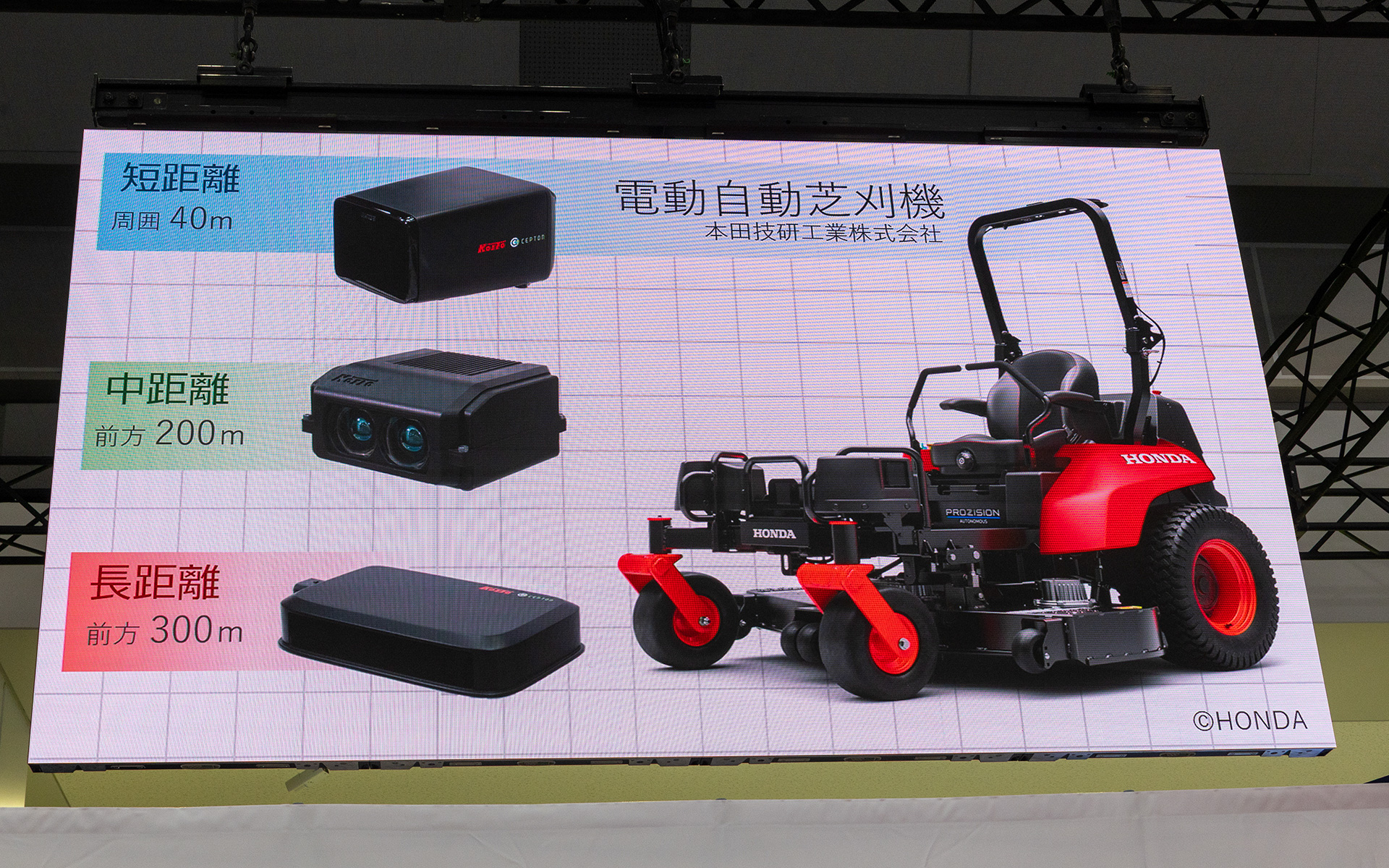 加藤氏の紹介はランプ以外の製品にも行なわれた。こちらは小糸製作所のLiDARの紹介。短距離用、中距離用、長距離用の3タイプがある。ホンダがアメリカ市場に導入する電動自動芝刈り機に採用された