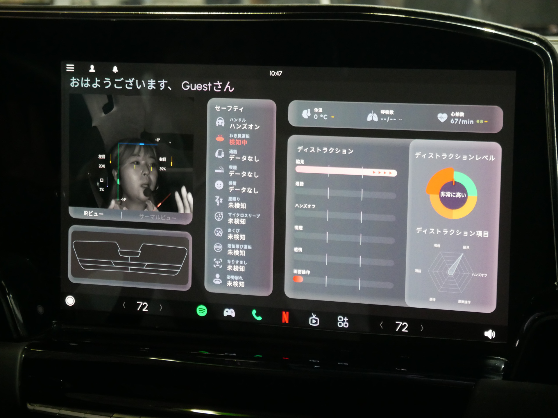 わき見運転をしていることを検知しているところ