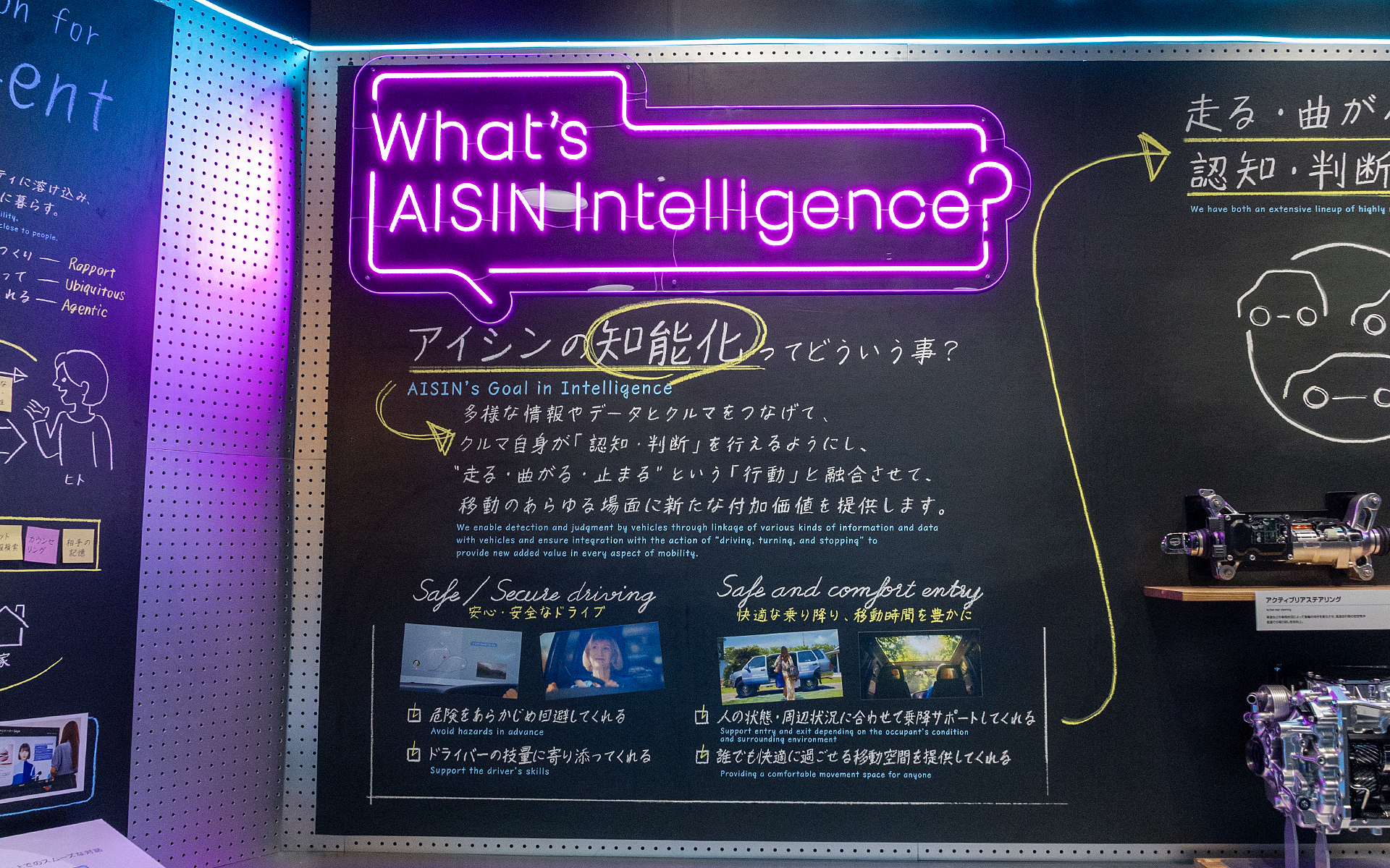 アイシンが力を入れている知能化技術についての解説を黒板にまとめたような展示がされている