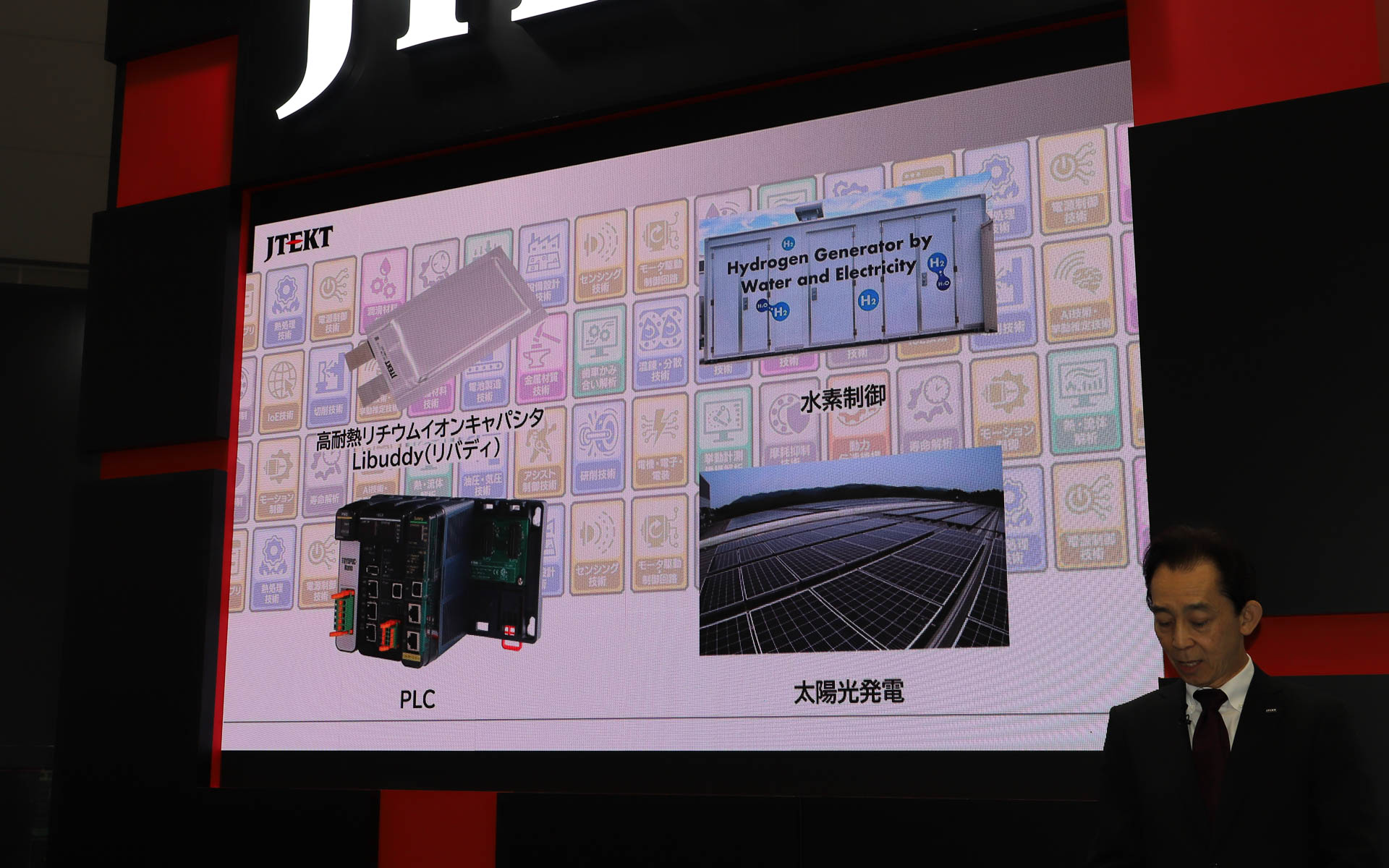 レクサス「RZ」に採用されるステアバイワイヤシステムや、産業用ドローン用のフライトコントローラー、高耐熱リチウムイオンキャパシタのさまざまな方面への活用、水素技術などを用いたCN活動、商用車用コラム同軸操舵アクチュエーター、転舵・駆動統合ユニットなど幅広い分野での技術活用が行なわれている